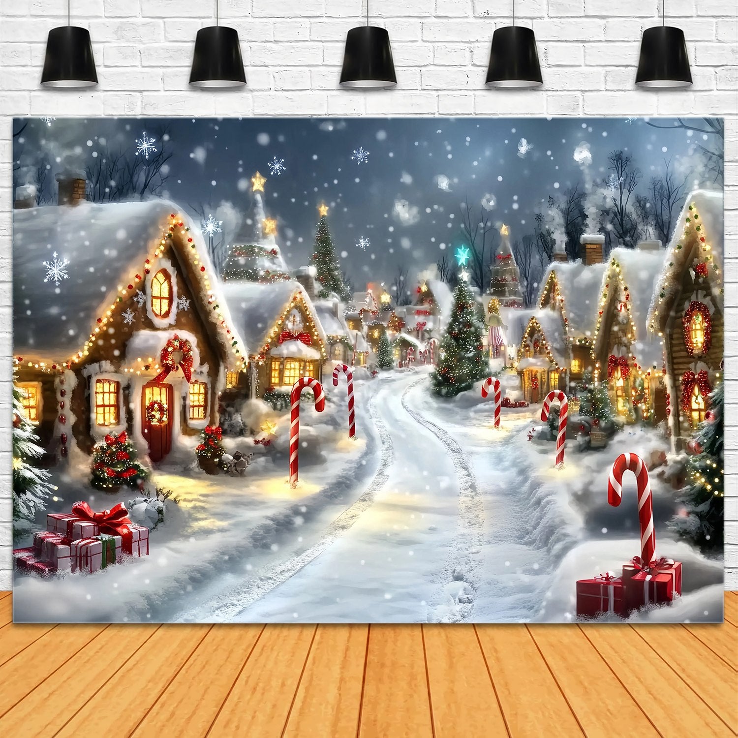Candyland Christmas Backdrop Gingerbread Cottage Snowy Candy Cane Lane Christmas Backdrops Sale TWW58-69