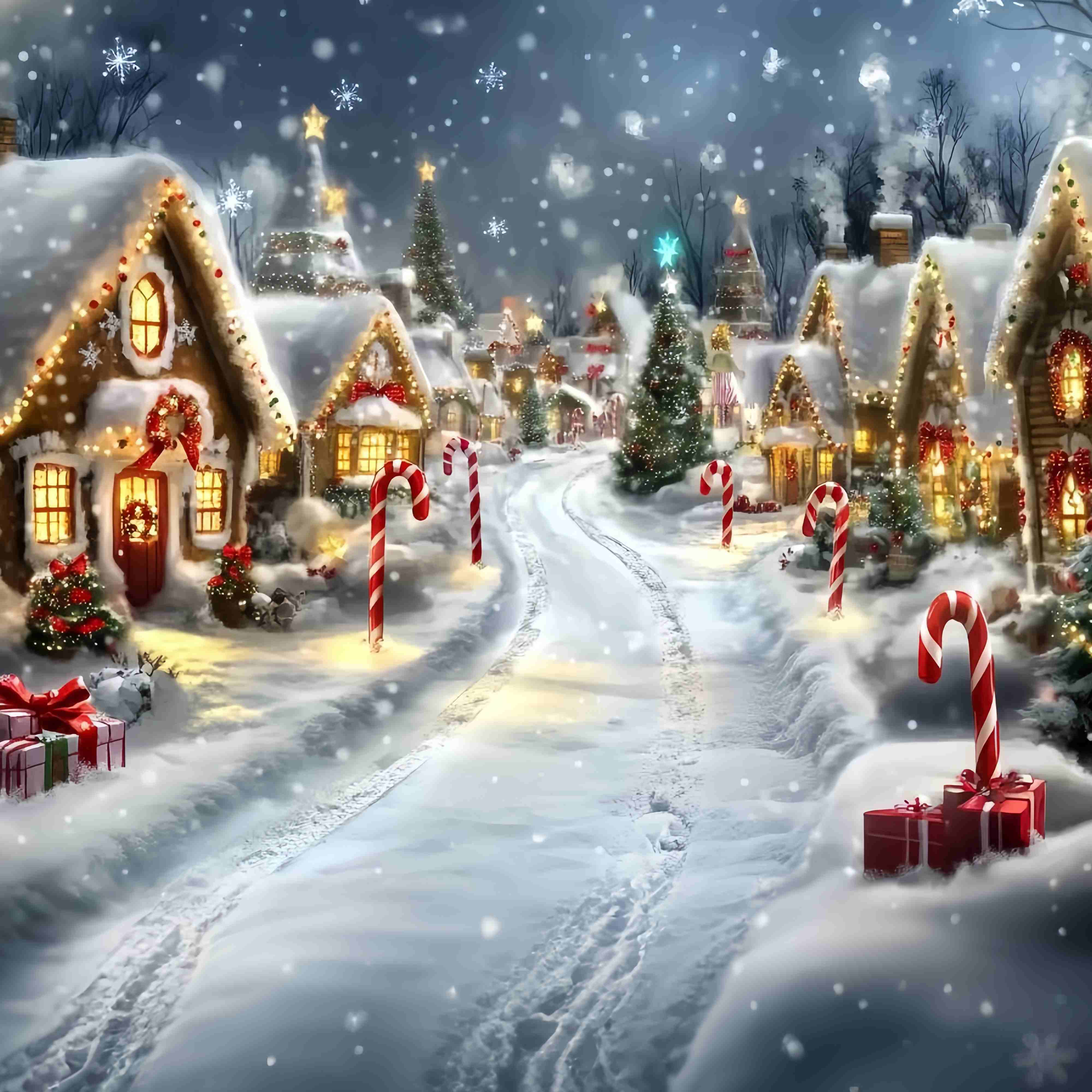 Candyland Christmas Backdrop Gingerbread Cottage Snowy Candy Cane Lane Christmas Backdrops Sale TWW58-69