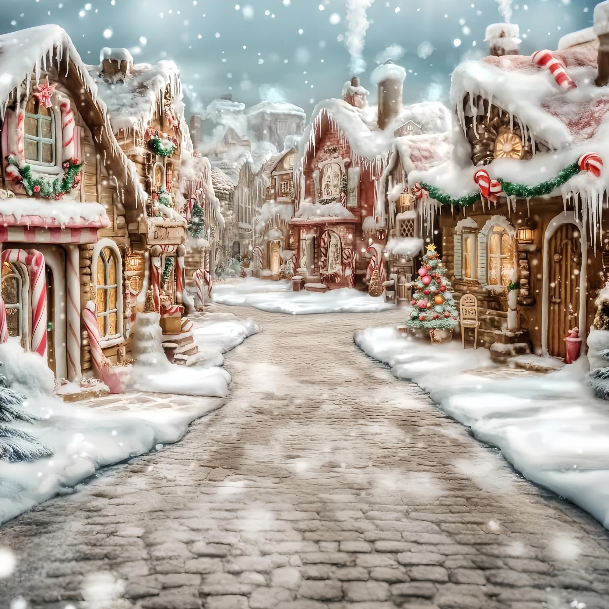 Candyland Christmas Backdrop Frosted Gingerbread Village Candy Cane Path Christmas Photo Backdrop TWW58-70