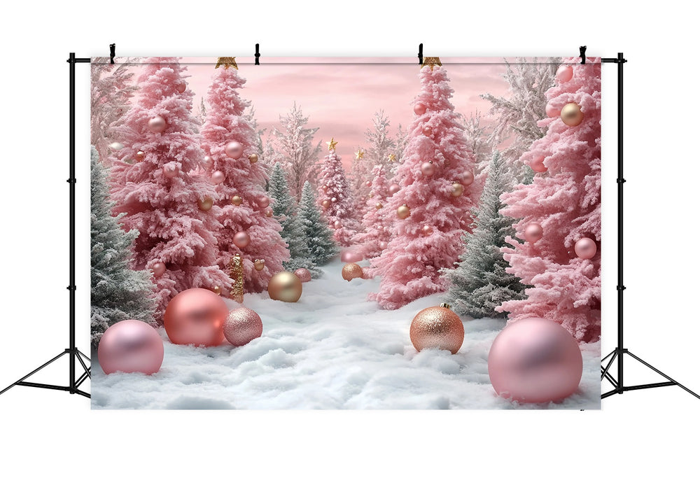 Pink Christmas Backdrop Pink Frosted Christmas Trees Snow Ornaments Ch