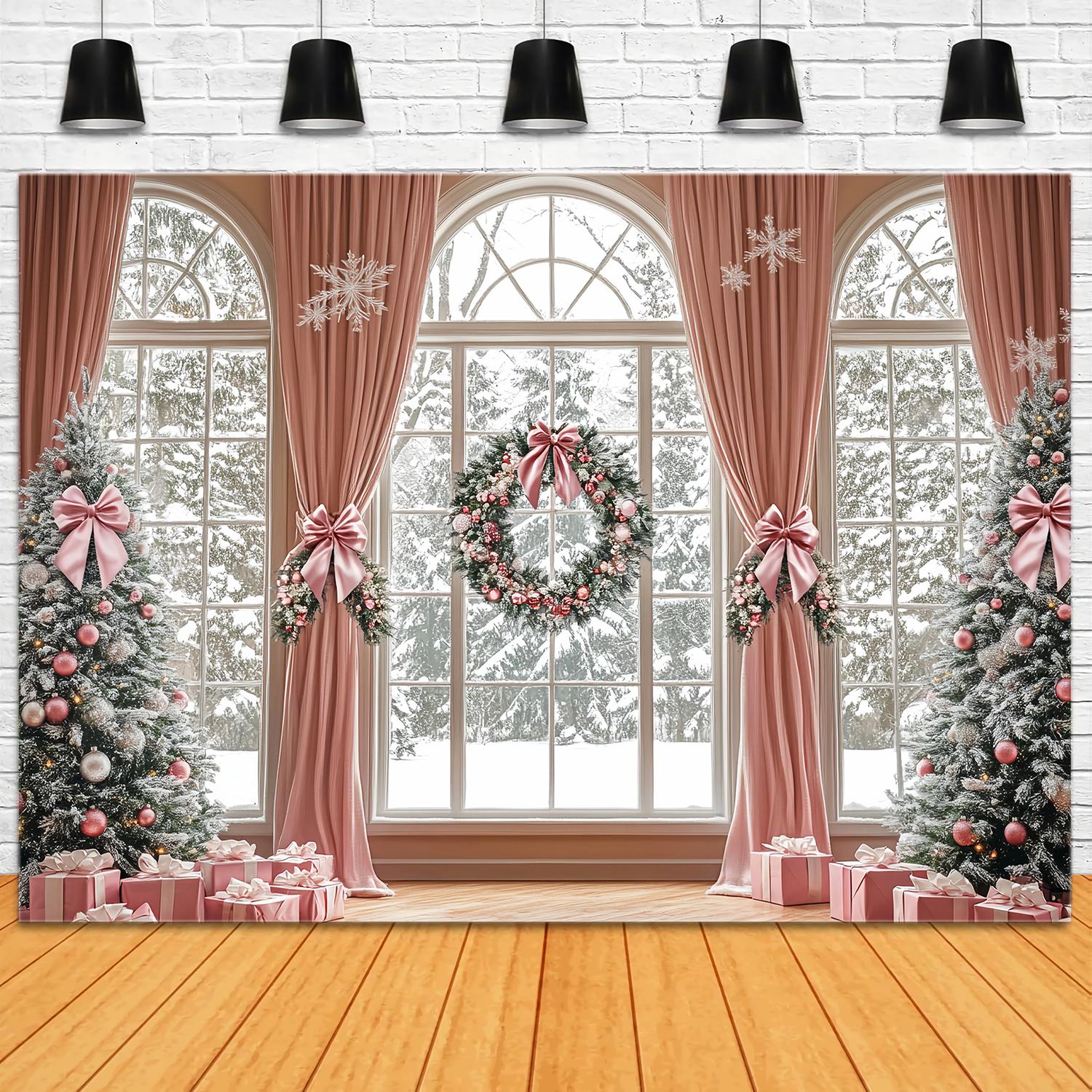Pink Christmas Backdrop Elegant Pink Curtain Winter Wonderland Christmas Backdrop for Photos TWW58-73