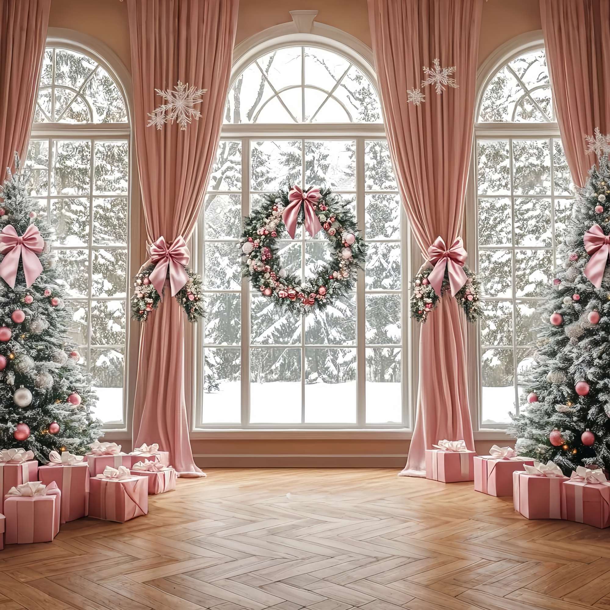 Pink Christmas Backdrop Elegant Pink Curtain Winter Wonderland Christmas Backdrop for Photos TWW58-73