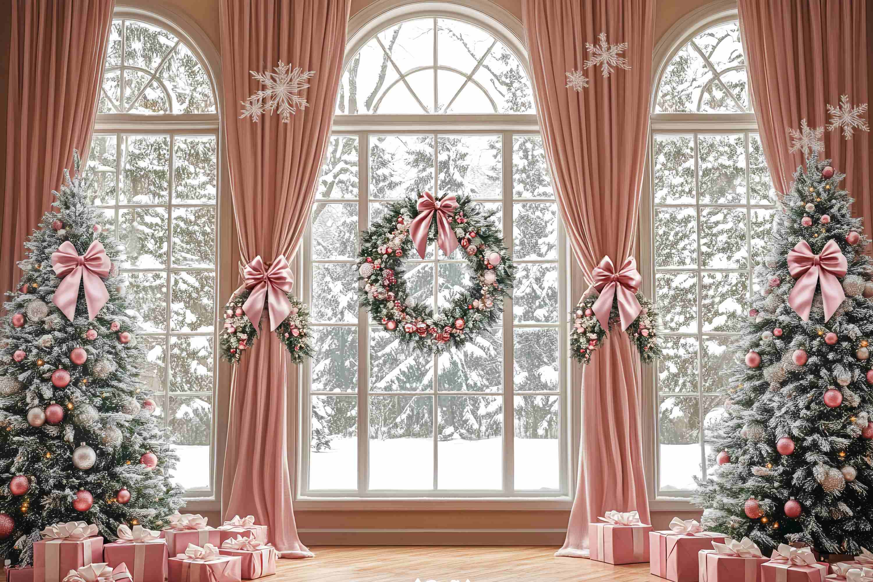 Pink Christmas Backdrop Elegant Pink Curtain Winter Wonderland Christmas Backdrop for Photos TWW58-73