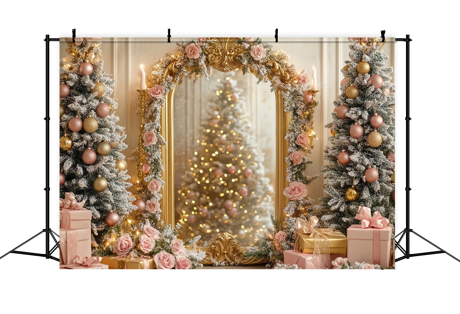 Christmas Tree Backdrop Golden Mirror Pink Rose Tree Glow Christmas Backdrops TWW58-75
