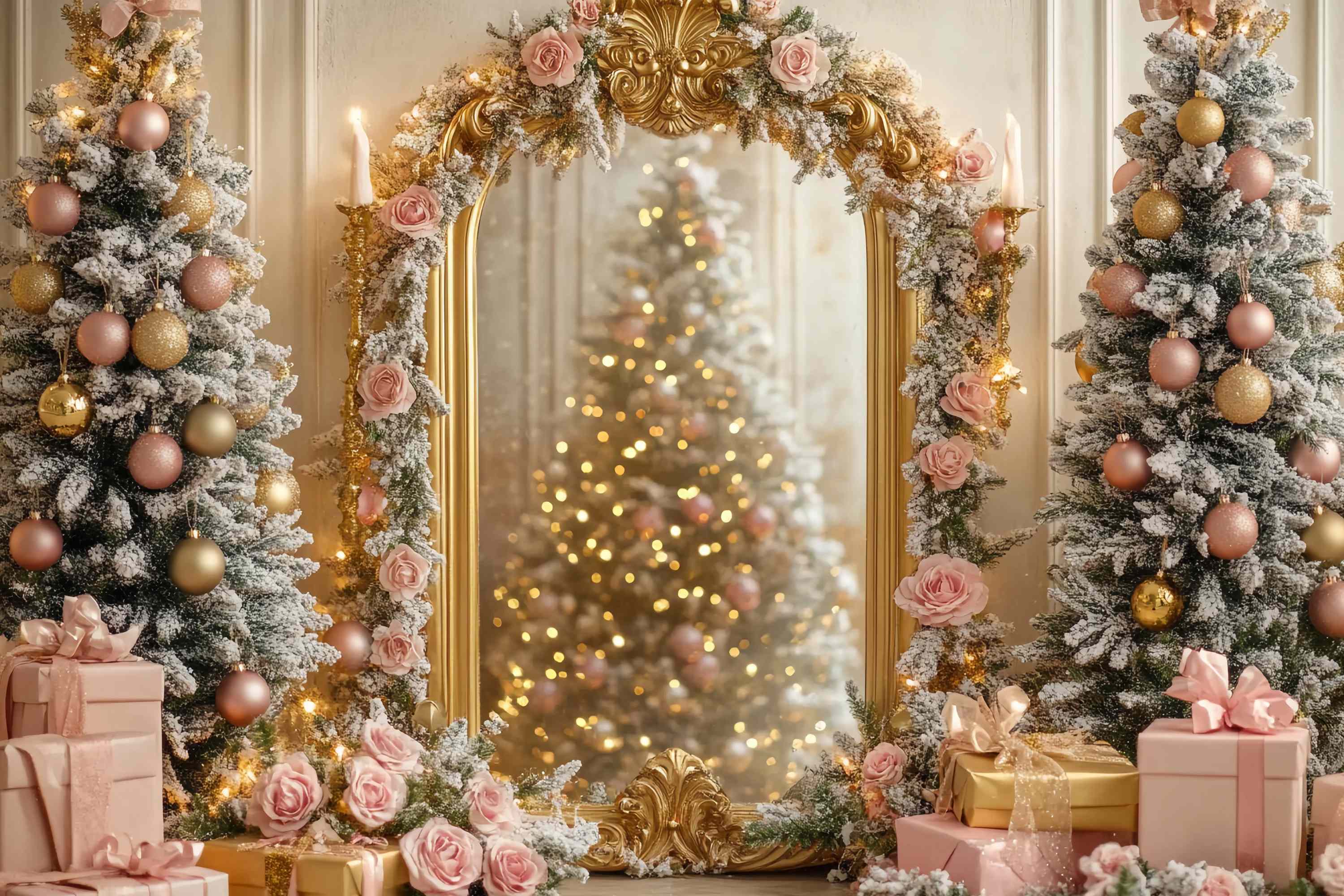 Christmas Tree Backdrop Golden Mirror Pink Rose Tree Glow Christmas Backdrops TWW58-75
