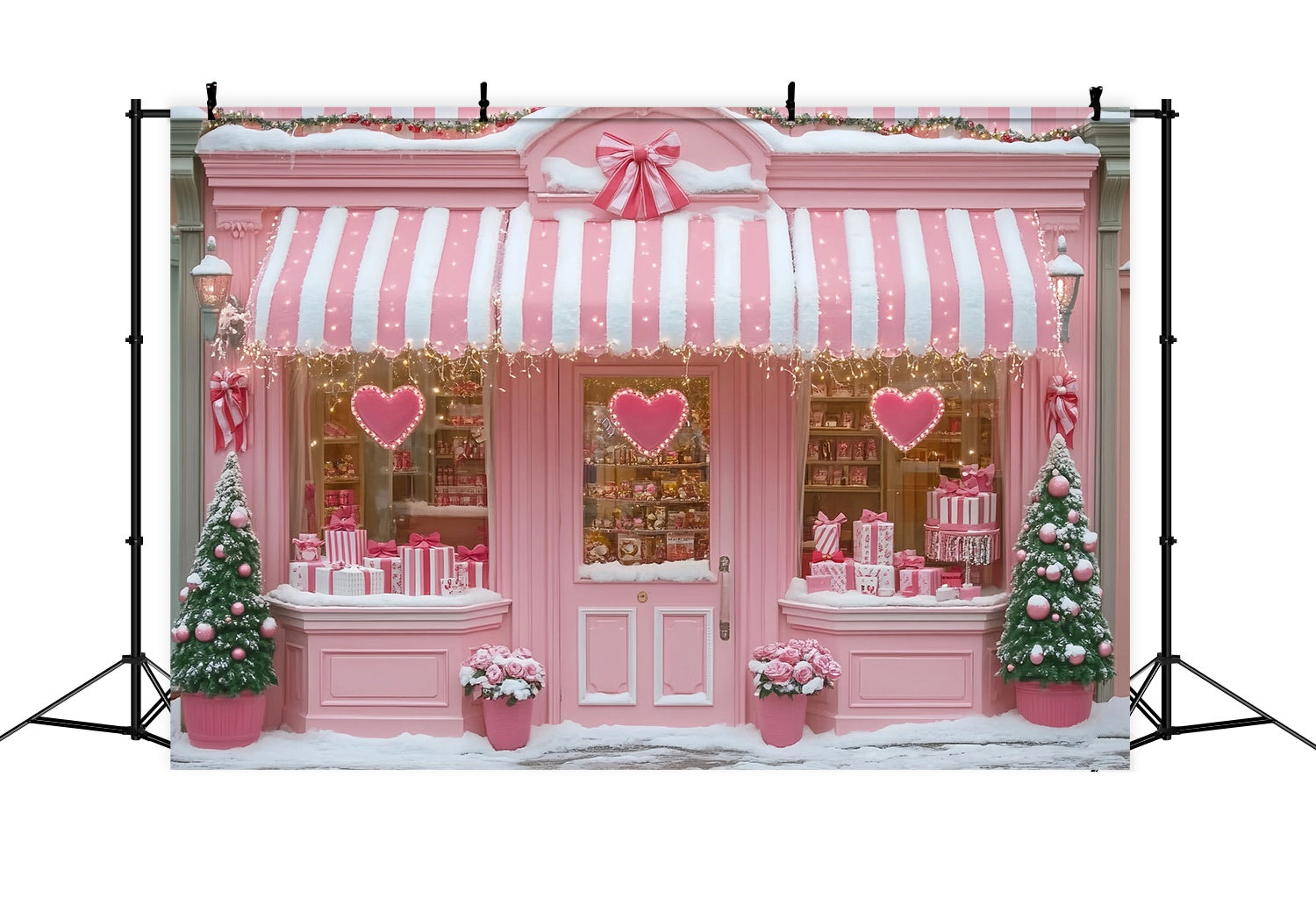 Pink Christmas Backdrop Pink Heart Candy Shop Holiday Charm Christmas Backdrops Sale TWW58-76