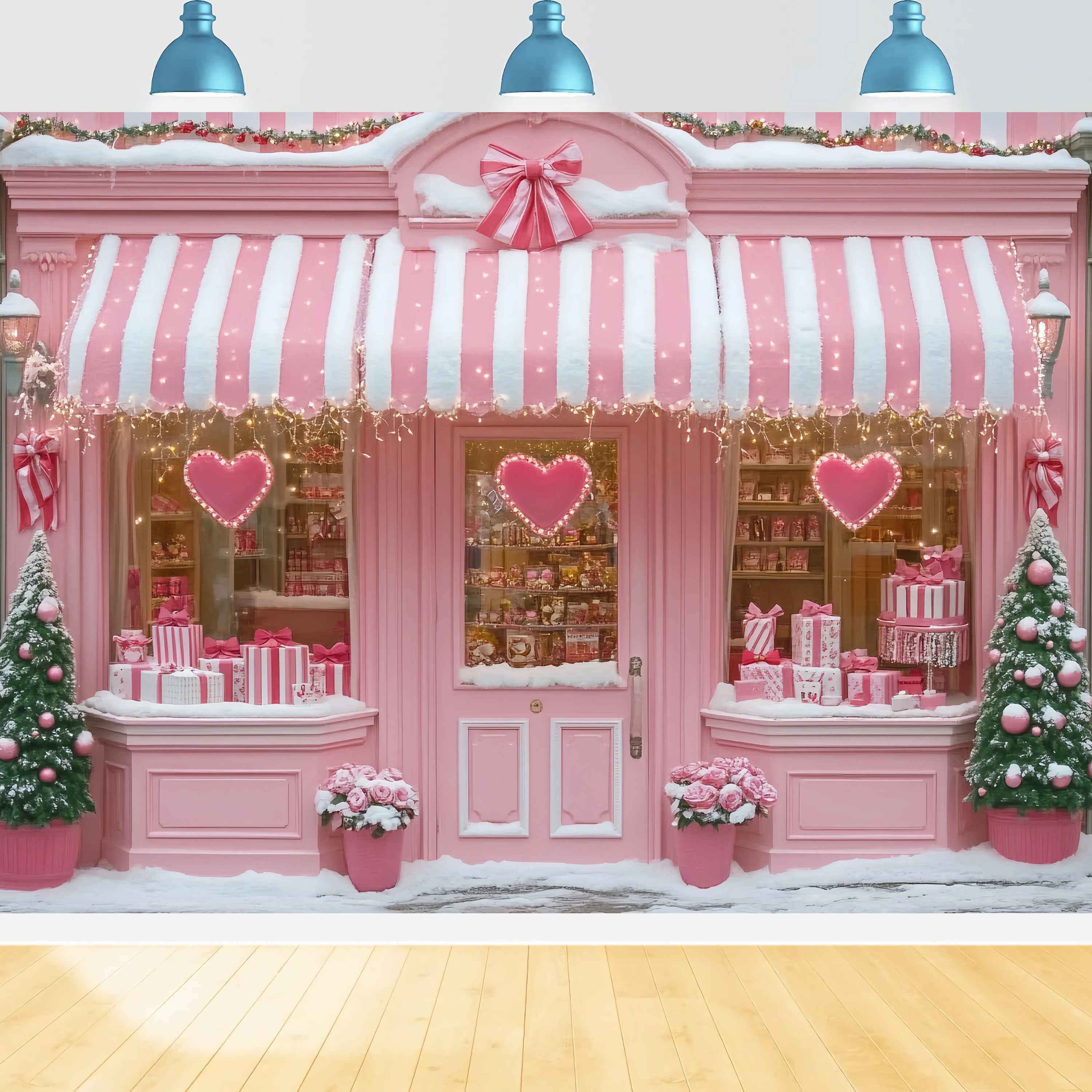 Pink Christmas Backdrop Pink Heart Candy Shop Holiday Charm Christmas Backdrops Sale TWW58-76