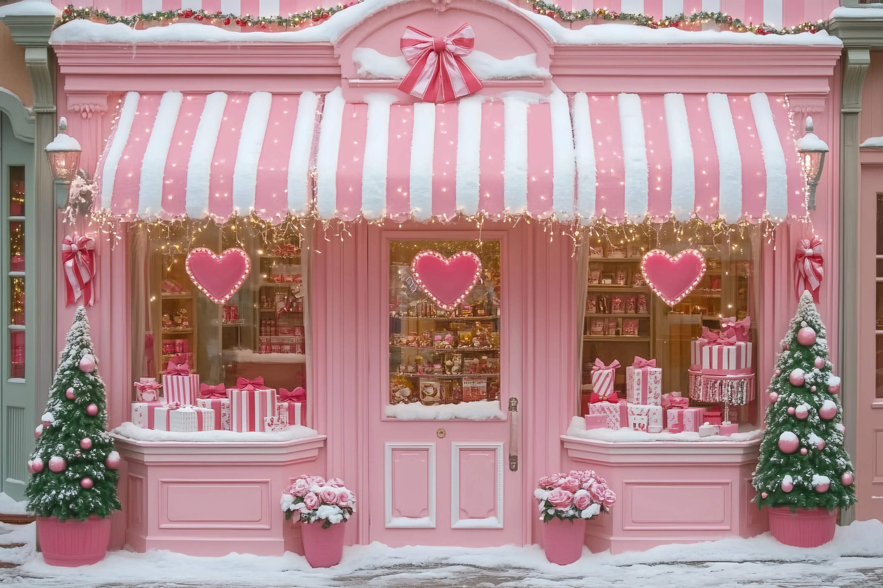 Pink Christmas Backdrop Pink Heart Candy Shop Holiday Charm Christmas Backdrops Sale TWW58-76