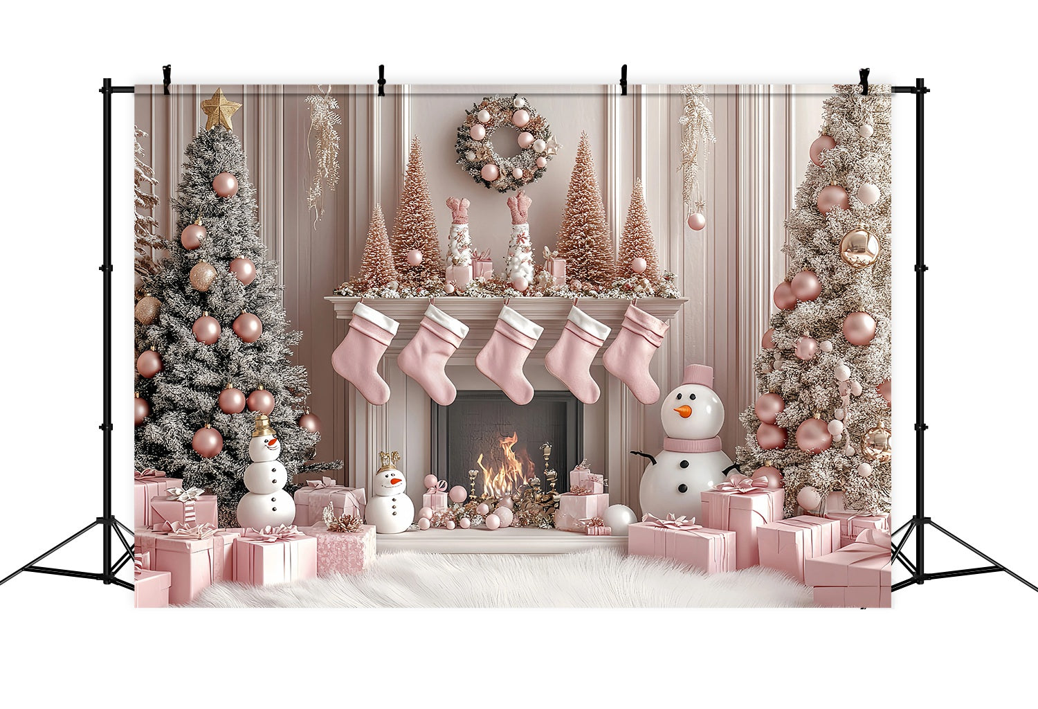Pink Christmas Backdrop Pink Snowman Fireplace Stocking Wonderland Christmas Backdrop Ideas TWW58-77