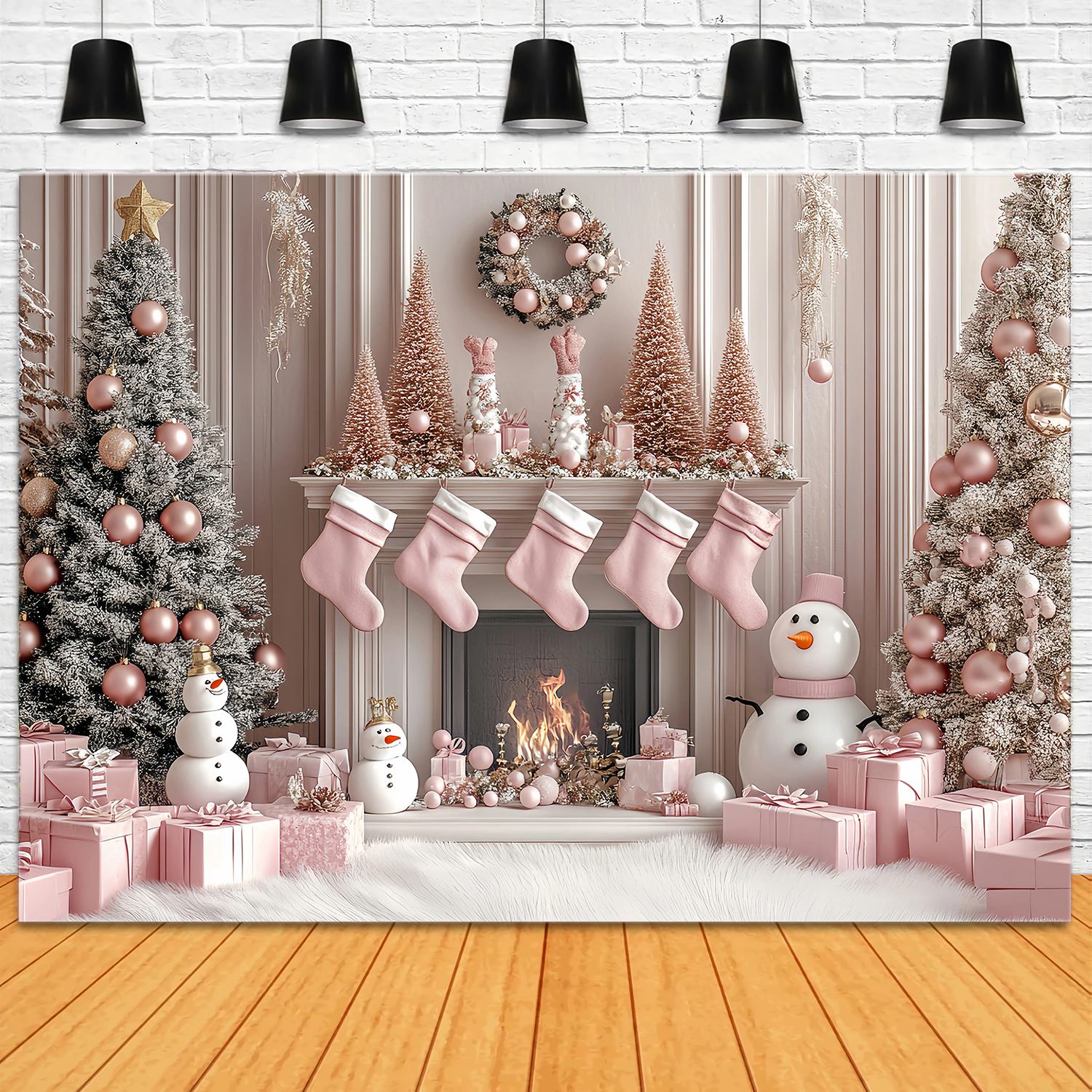Pink Christmas Backdrop Pink Snowman Fireplace Stocking Wonderland Christmas Backdrop Ideas TWW58-77