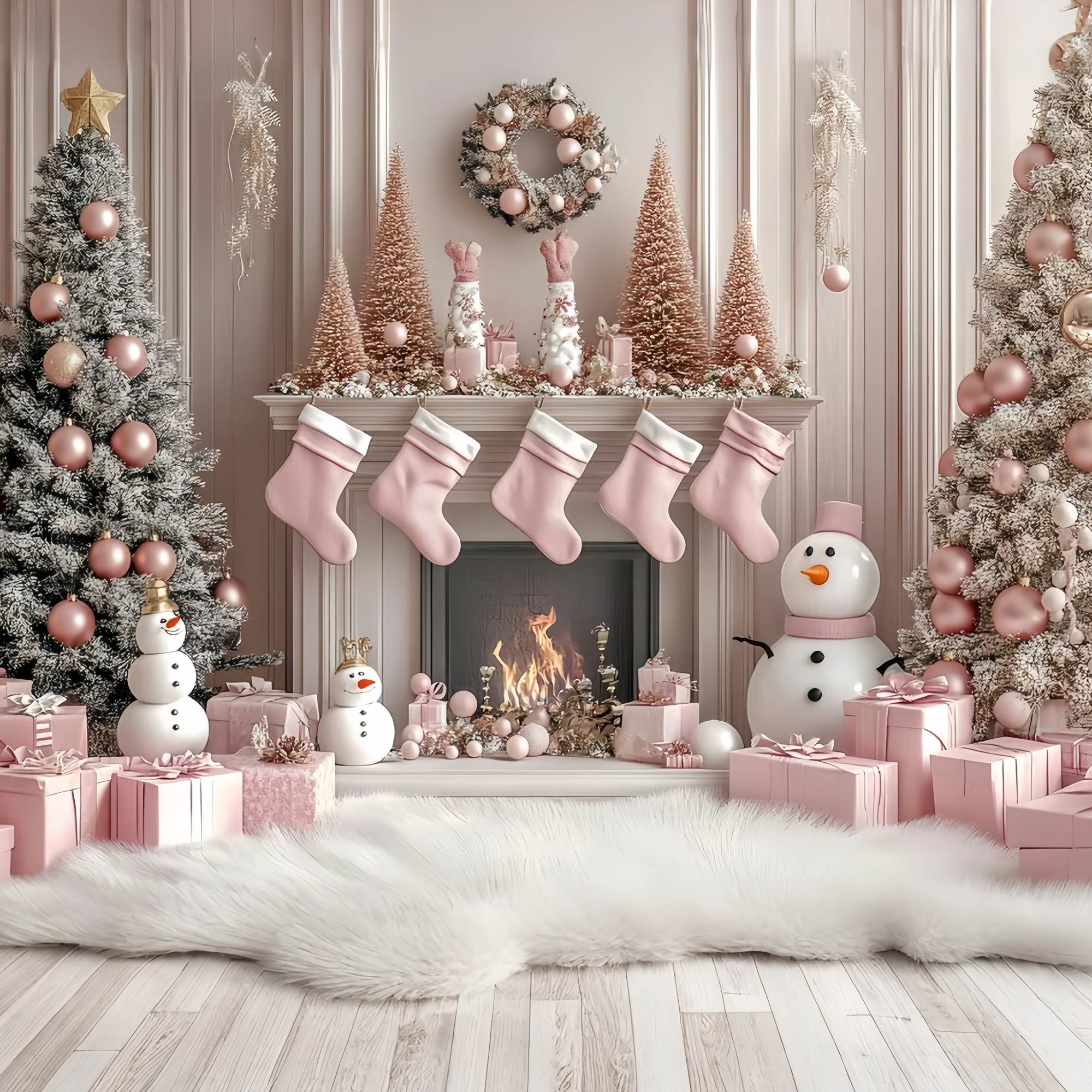 Pink Christmas Backdrop Pink Snowman Fireplace Stocking Wonderland Christmas Backdrop Ideas TWW58-77
