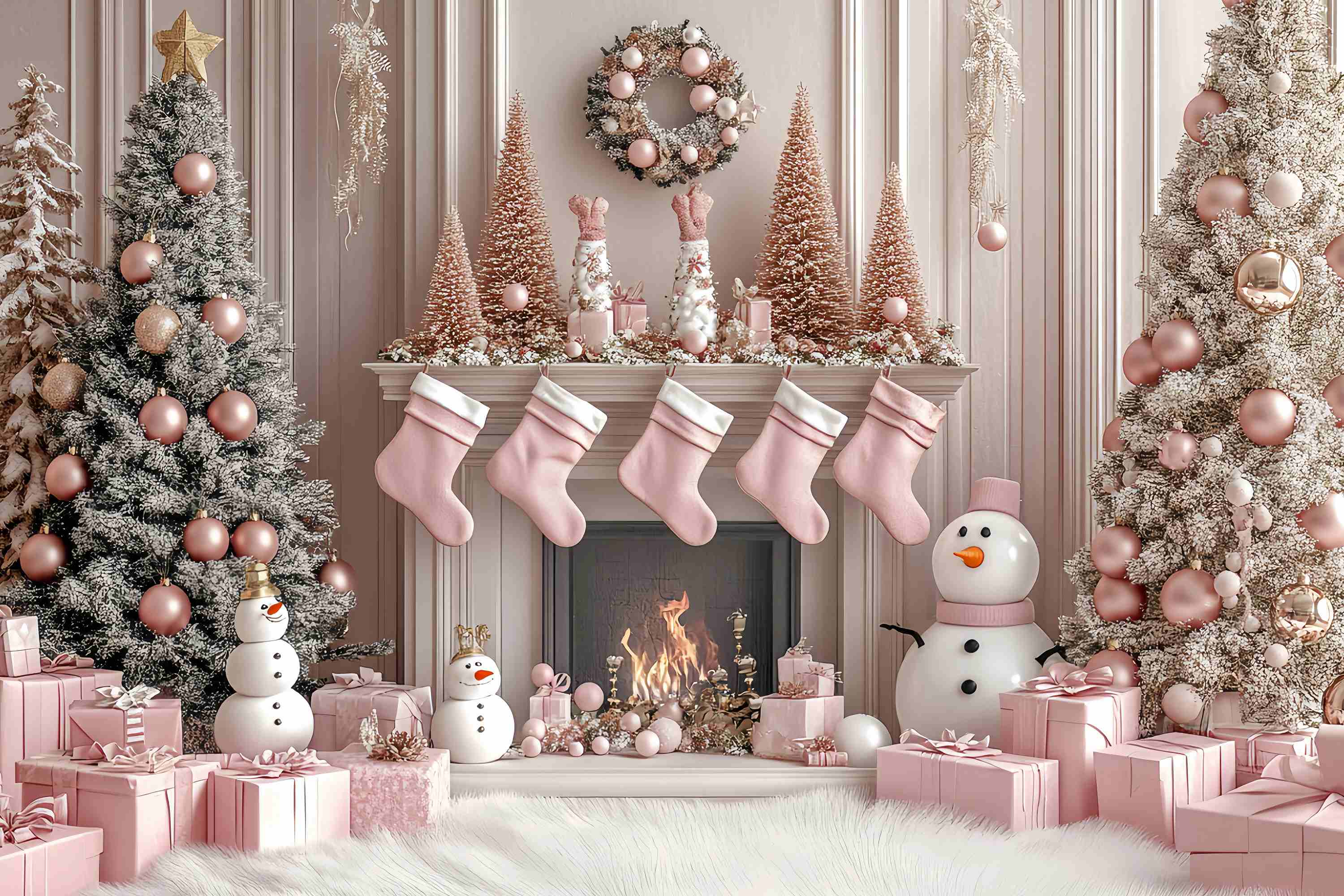 Pink Christmas Backdrop Pink Snowman Fireplace Stocking Wonderland Christmas Backdrop Ideas TWW58-77