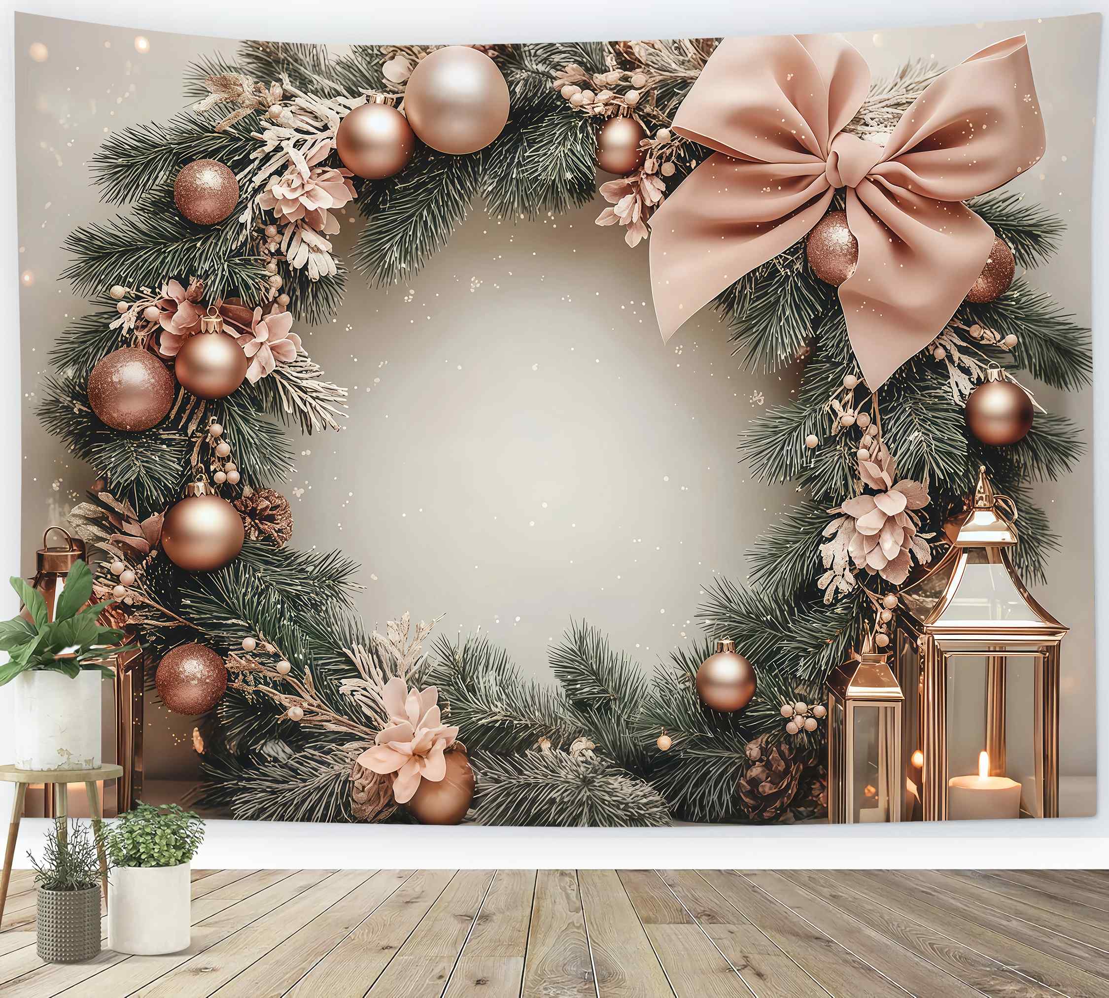 Pink Christmas Backdrop Blush Bauble Pine Wreath Lantern Glow Christmas Photography Backdrops TWW58-78