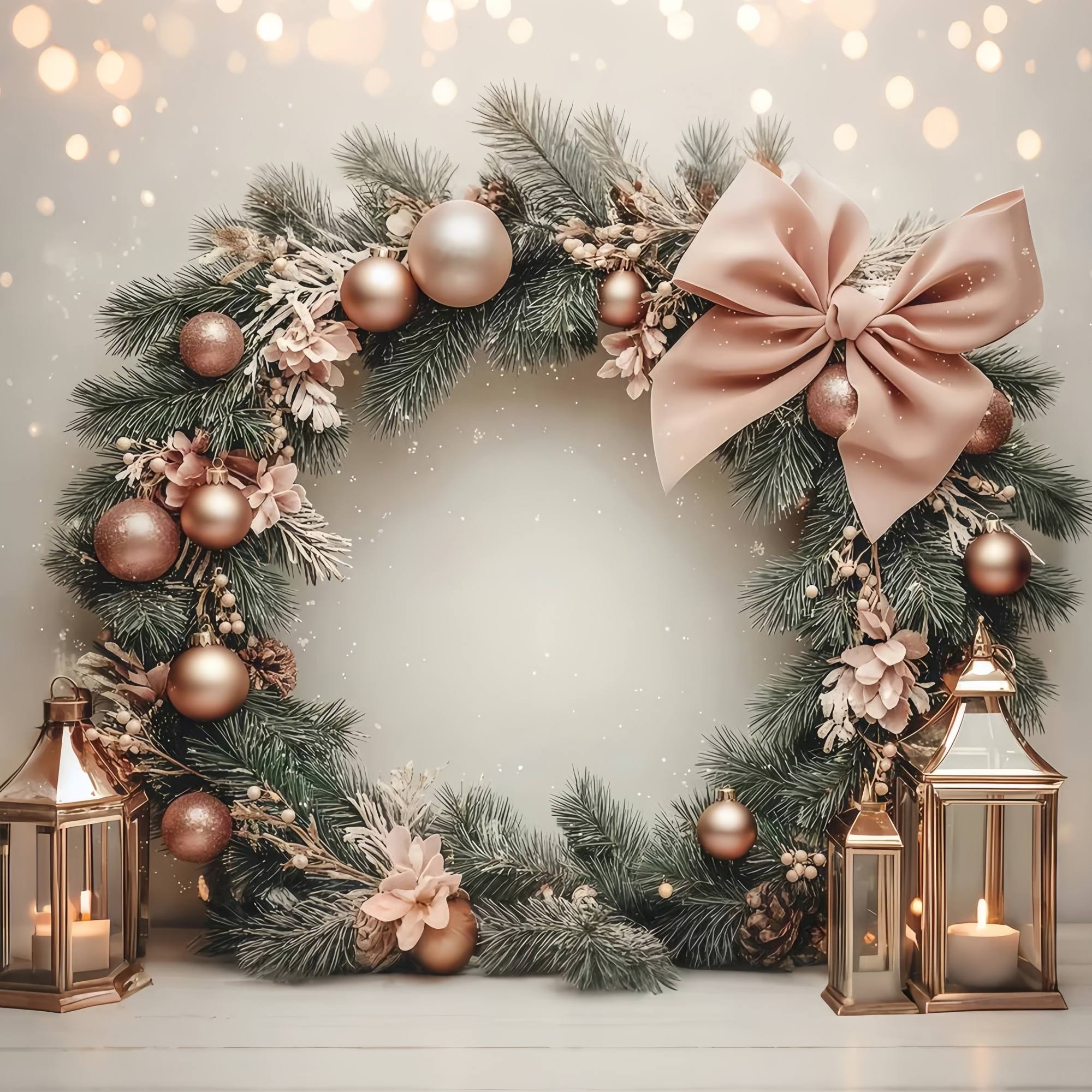 Pink Christmas Backdrop Blush Bauble Pine Wreath Lantern Glow Christmas Photography Backdrops TWW58-78