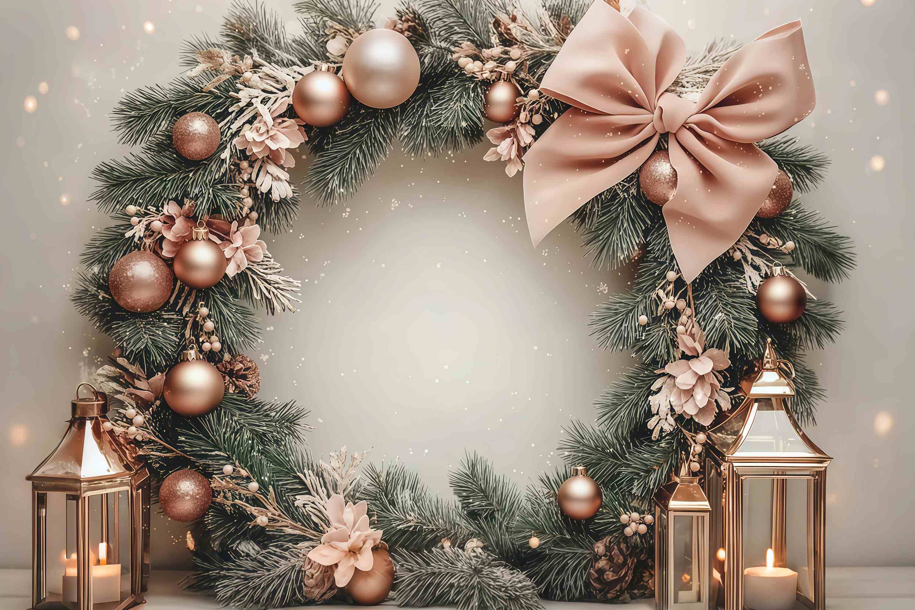 Pink Christmas Backdrop Blush Bauble Pine Wreath Lantern Glow Christmas Photography Backdrops TWW58-78