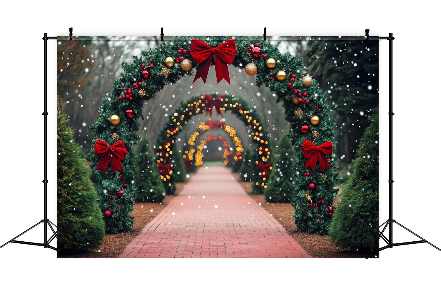 Christmas Tree Farm Backdrop Snowy Path Red Bow Archway Lights Christmas Backdrops Sale TWW58-79