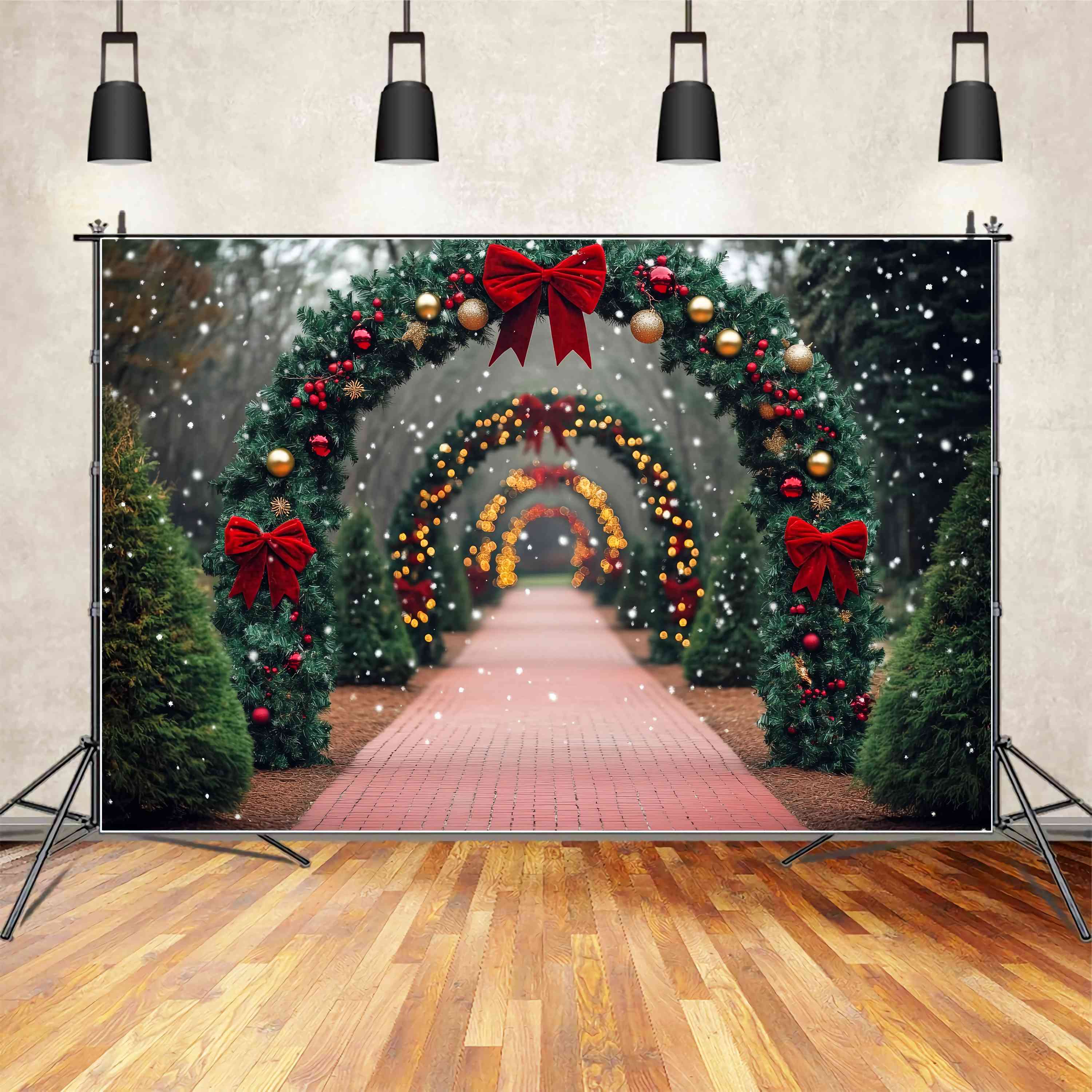 Christmas Tree Farm Backdrop Snowy Path Red Bow Archway Lights Christmas Backdrops Sale TWW58-79