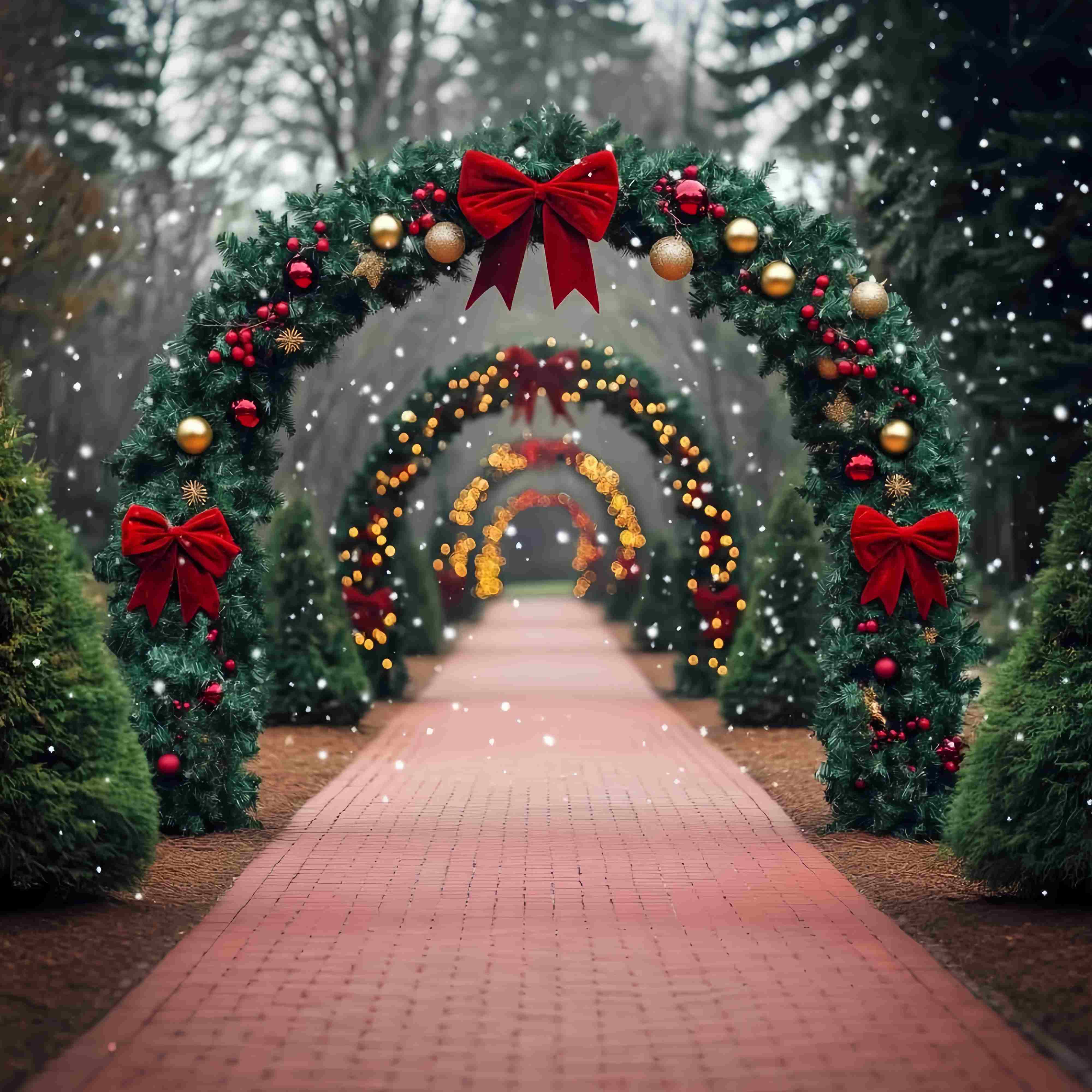Christmas Tree Farm Backdrop Snowy Path Red Bow Archway Lights Christmas Backdrops Sale TWW58-79