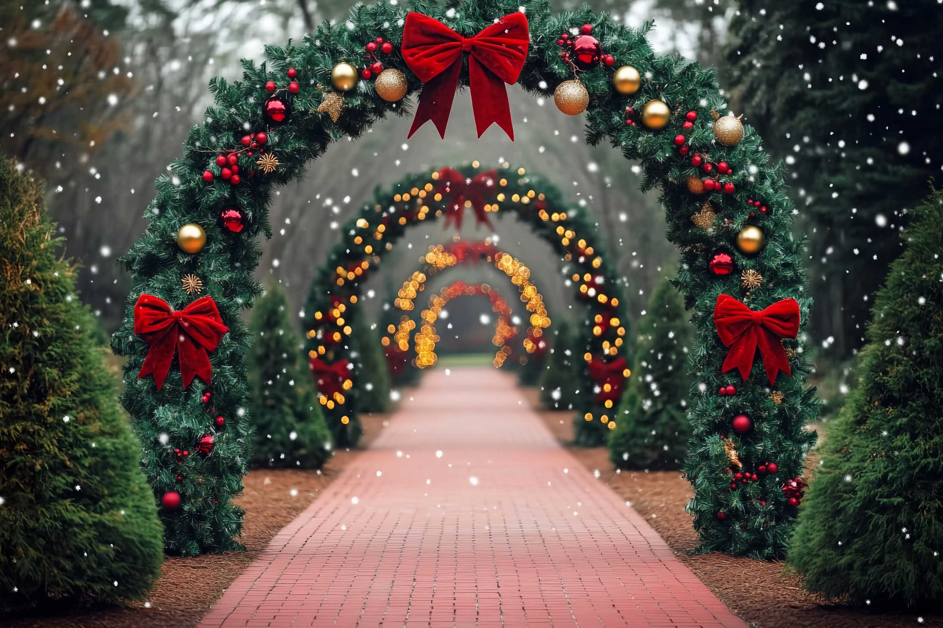 Christmas Tree Farm Backdrop Snowy Path Red Bow Archway Lights Christmas Backdrops Sale TWW58-79