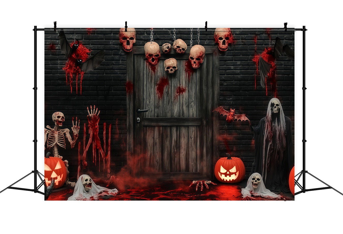 Garage Door Halloween Backdrop Bloody Skulls and Skeletons at Haunted Door Scary Halloween Backdrops TWW58-8