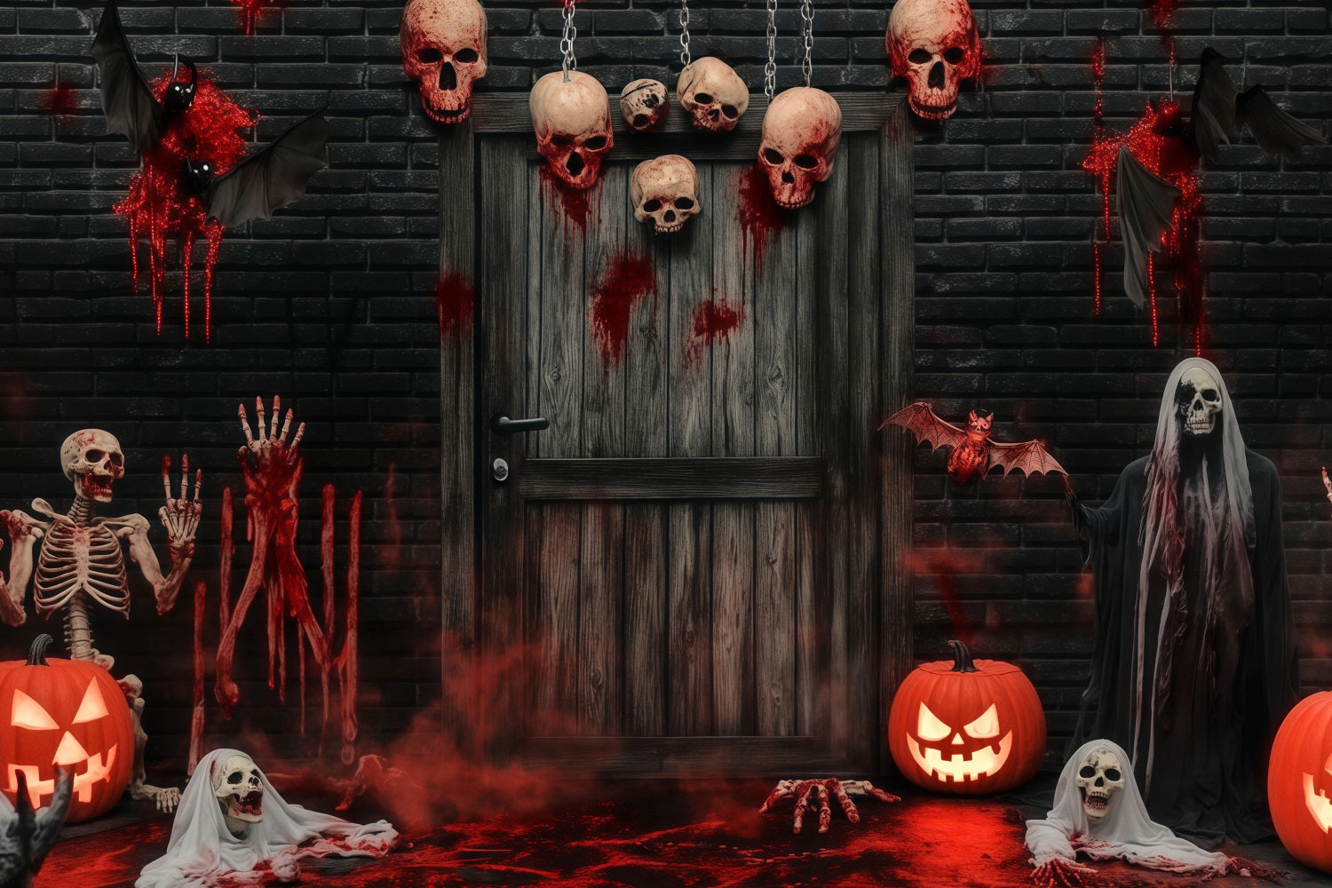Garage Door Halloween Backdrop Bloody Skulls and Skeletons at Haunted Door Scary Halloween Backdrops TWW58-8