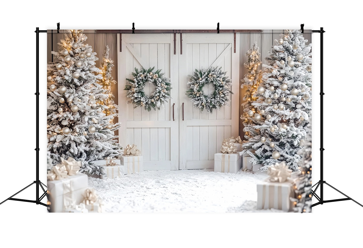 White Christmas Backdrop Snowy Trees White Barn Door Wreaths Christmas Backdrop for Photos TWW58-81