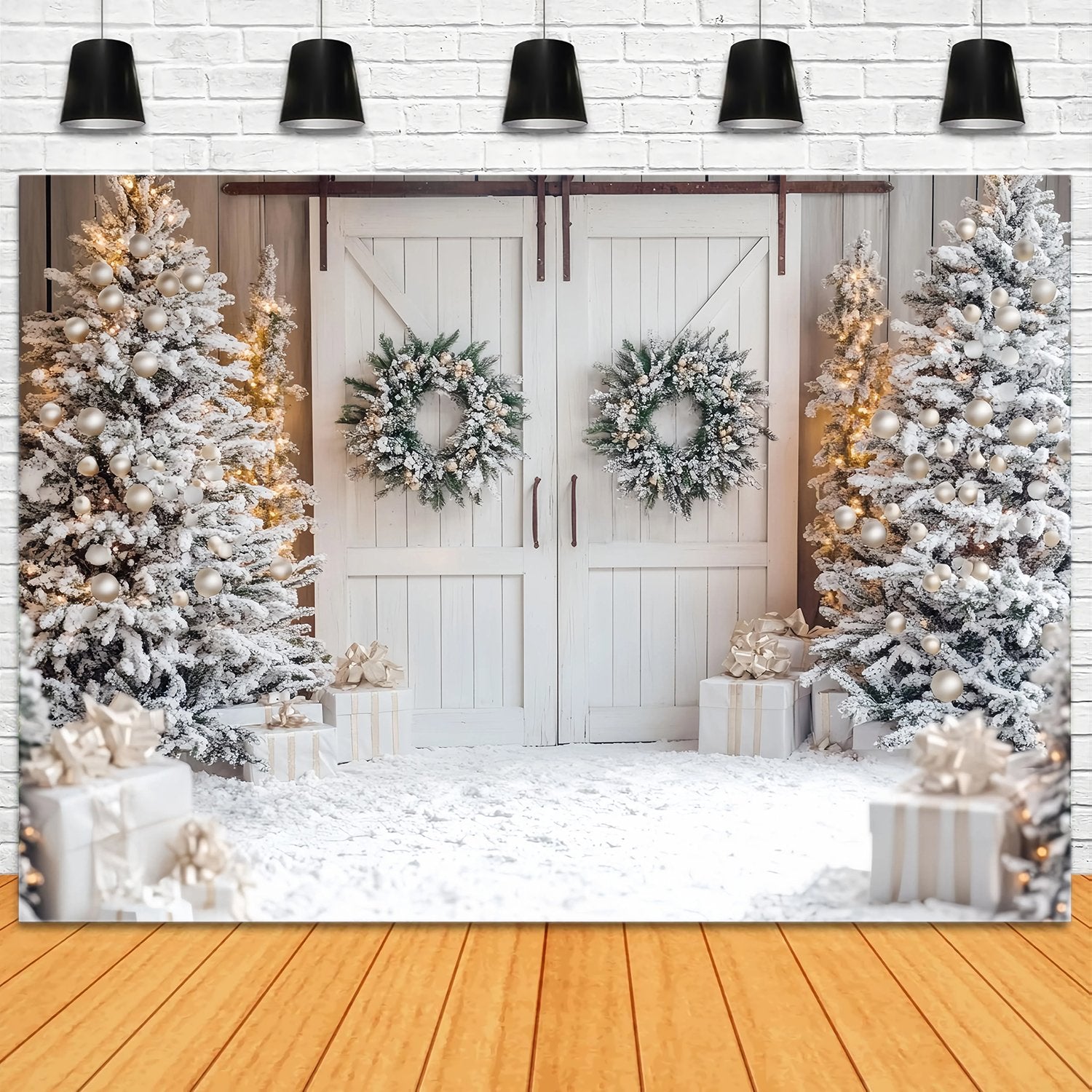 White Christmas Backdrop Snowy Trees White Barn Door Wreaths Christmas Backdrop for Photos TWW58-81