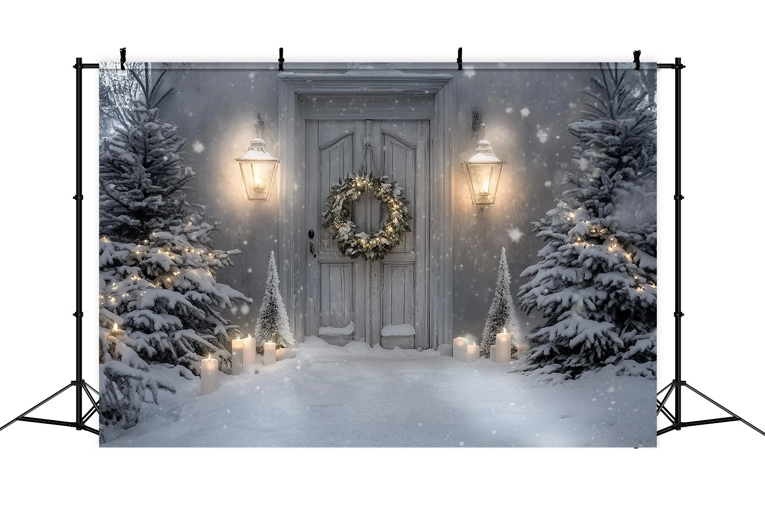 White Christmas Backdrop Snowy Porch Lantern Candle Glow Christmas Photo Backdrop TWW58-82