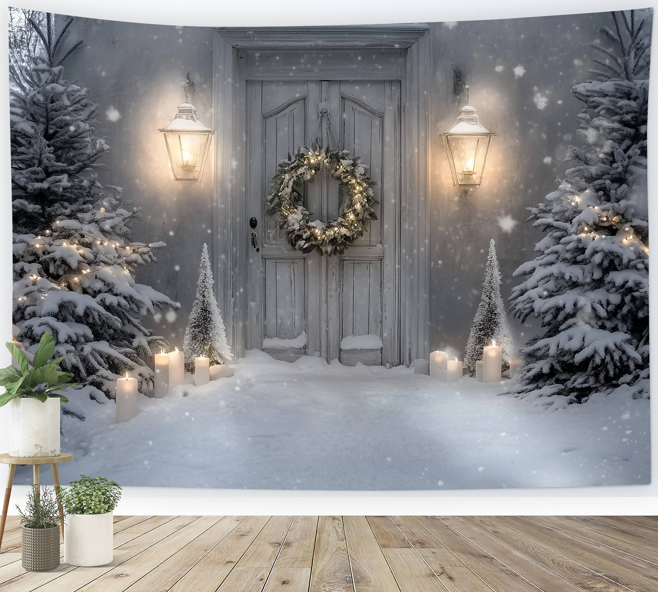 White Christmas Backdrop Snowy Porch Lantern Candle Glow Christmas Photo Backdrop TWW58-82