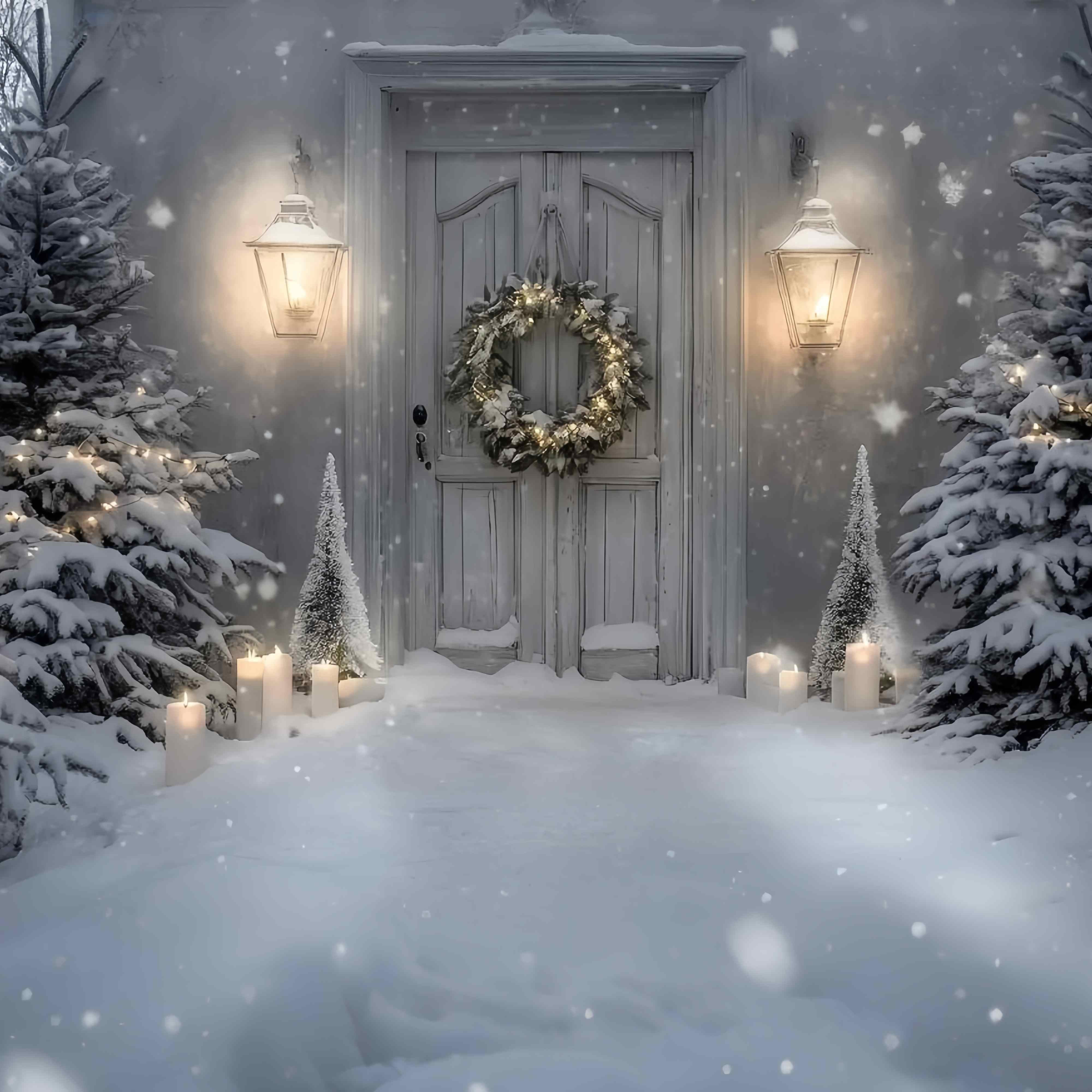 White Christmas Backdrop Snowy Porch Lantern Candle Glow Christmas Photo Backdrop TWW58-82
