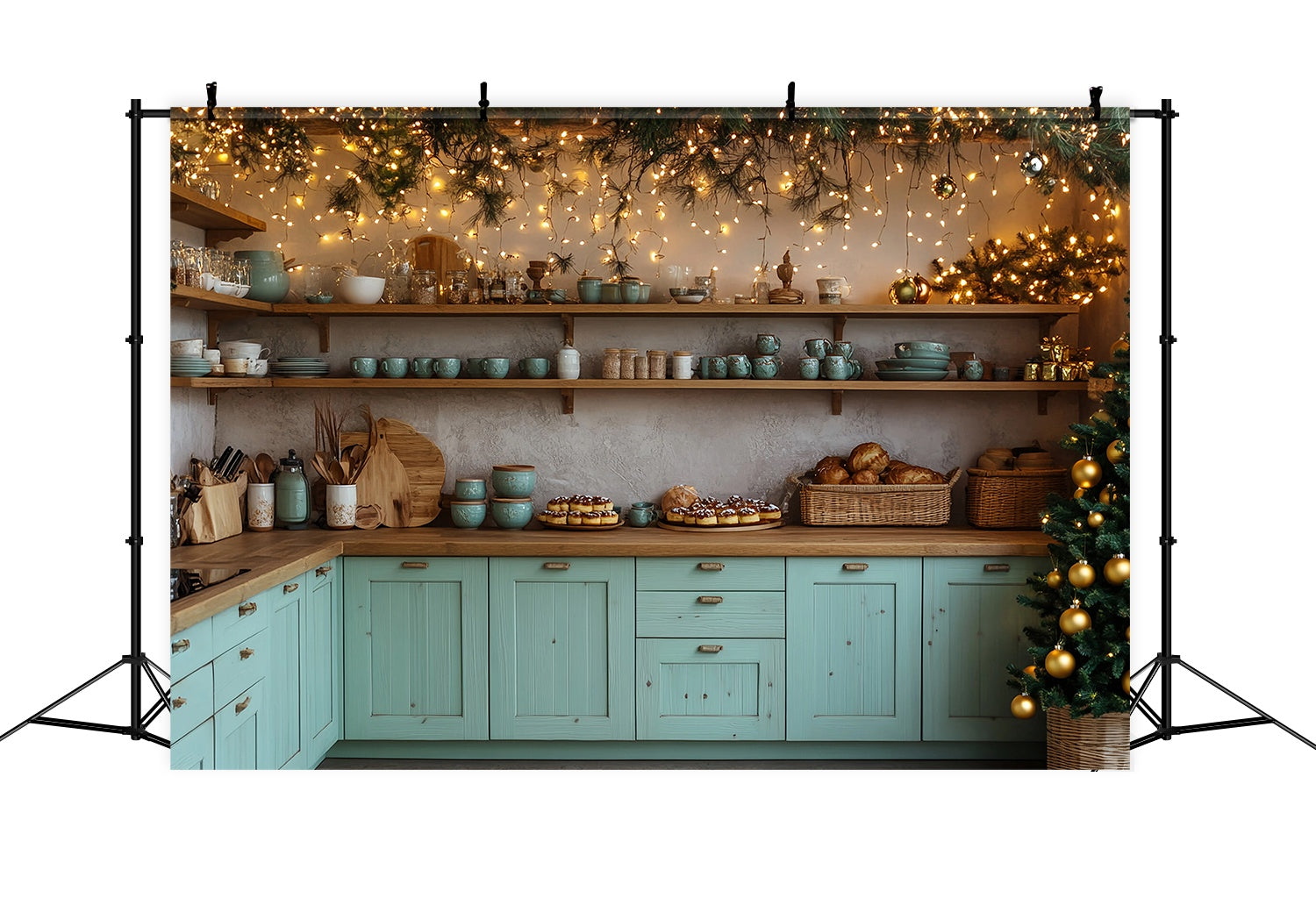 Christmas Kitchen Backdrop Rustic Kitchen Christmas Bakery Decor Christmas Backdrops 10x10 TWW58-83