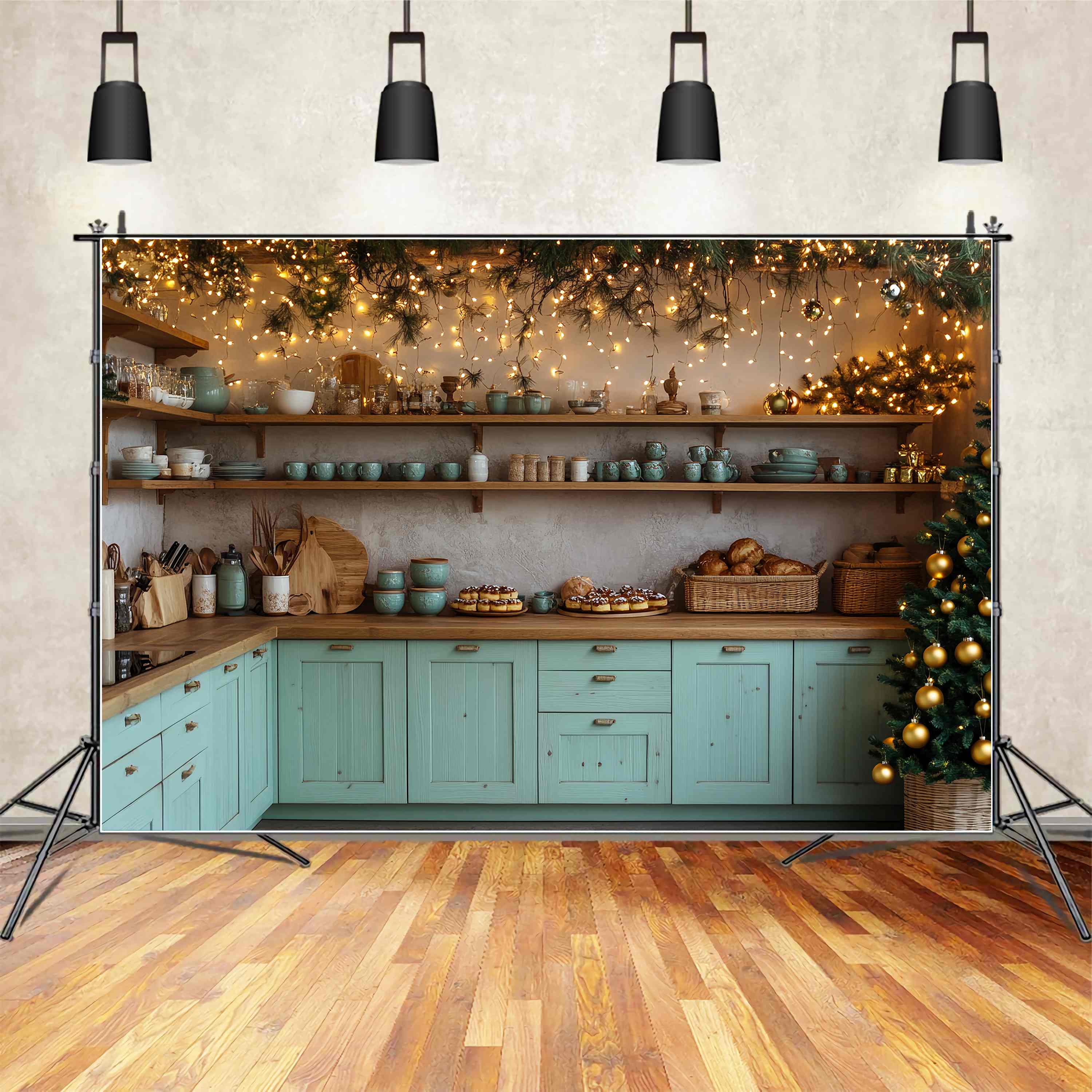 Christmas Kitchen Backdrop Rustic Kitchen Christmas Bakery Decor Christmas Backdrops 10x10 TWW58-83