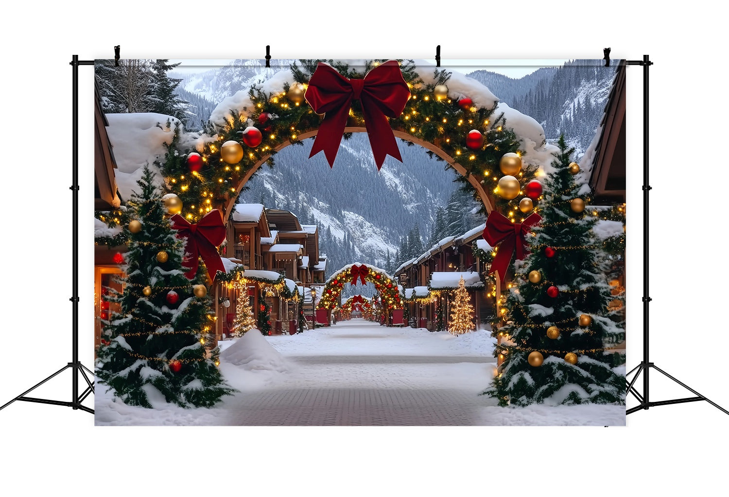 Christmas Village Backdrop Alpine Village Red Gold Archway Christmas Photo Backdrops TWW58-84