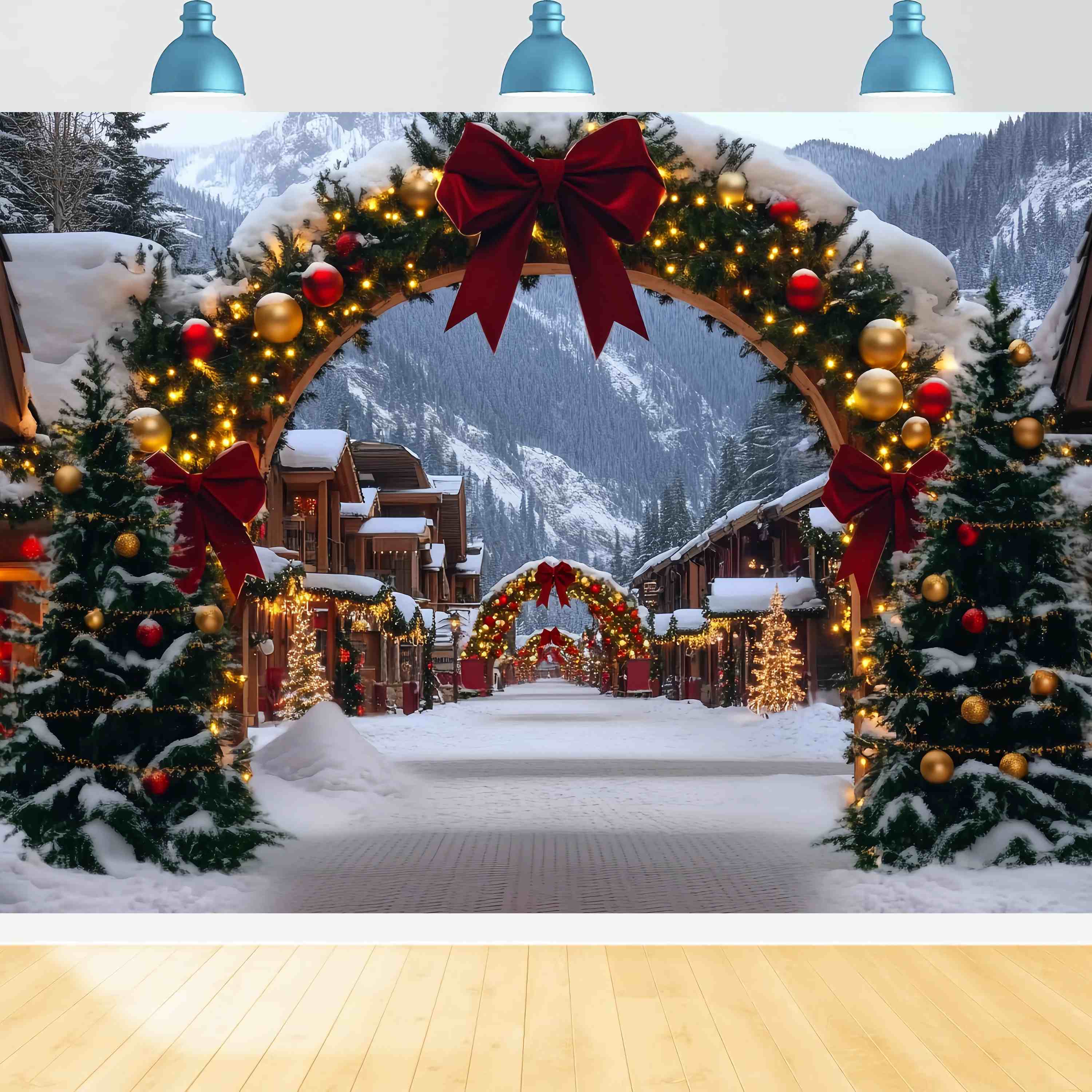 Christmas Village Backdrop Alpine Village Red Gold Archway Christmas Photo Backdrops TWW58-84