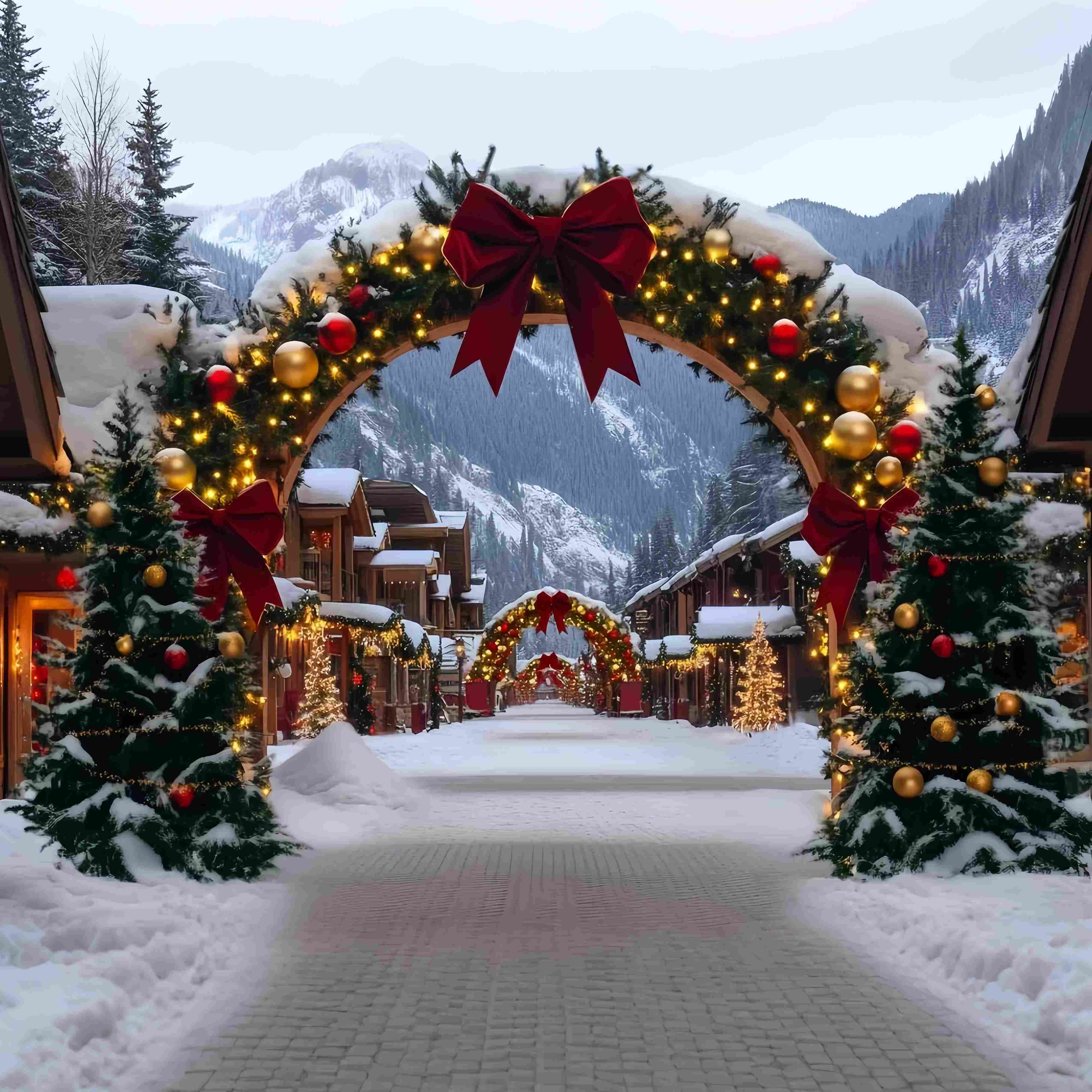 Christmas Village Backdrop Alpine Village Red Gold Archway Christmas Photo Backdrops TWW58-84