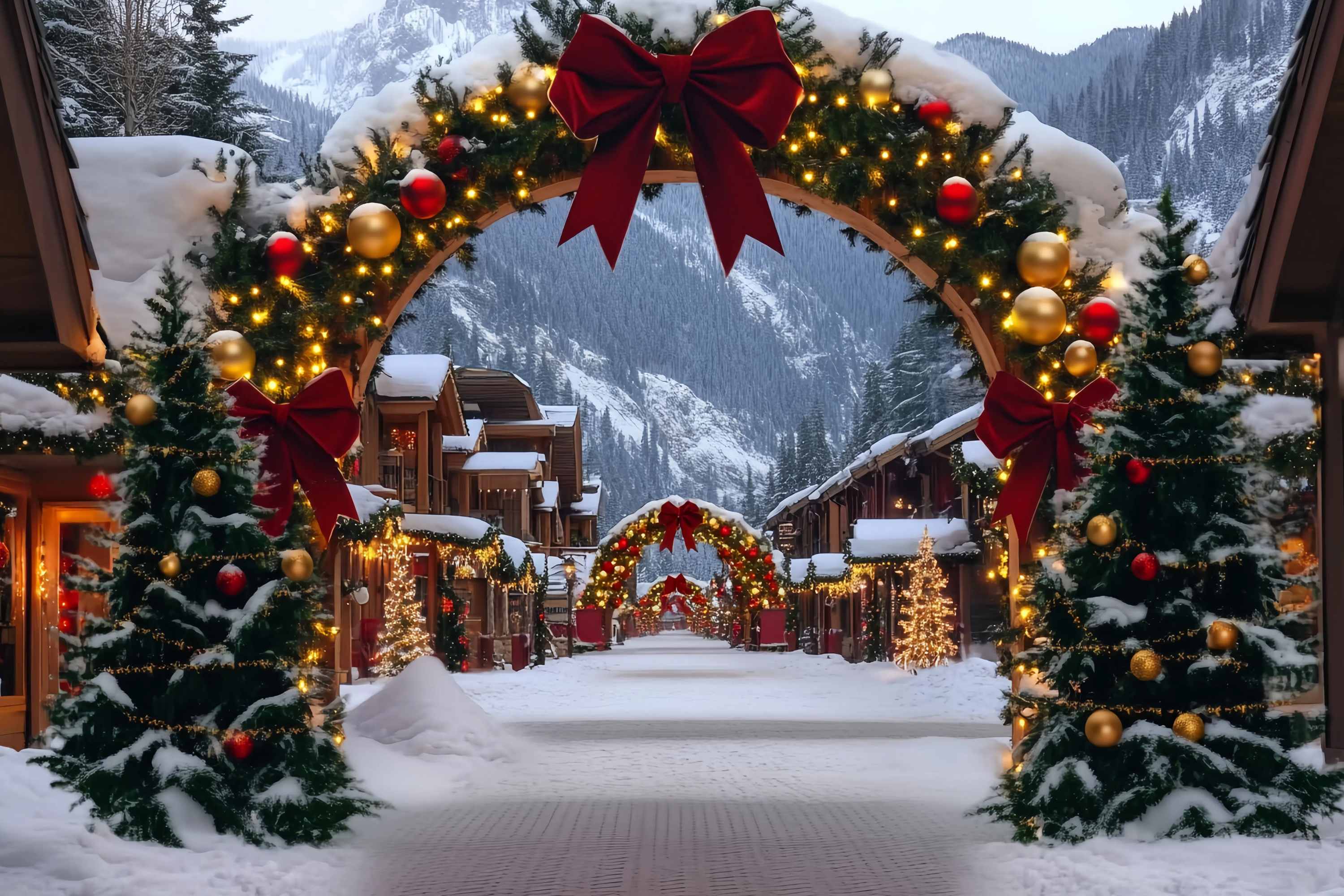 Christmas Village Backdrop Alpine Village Red Gold Archway Christmas Photo Backdrops TWW58-84