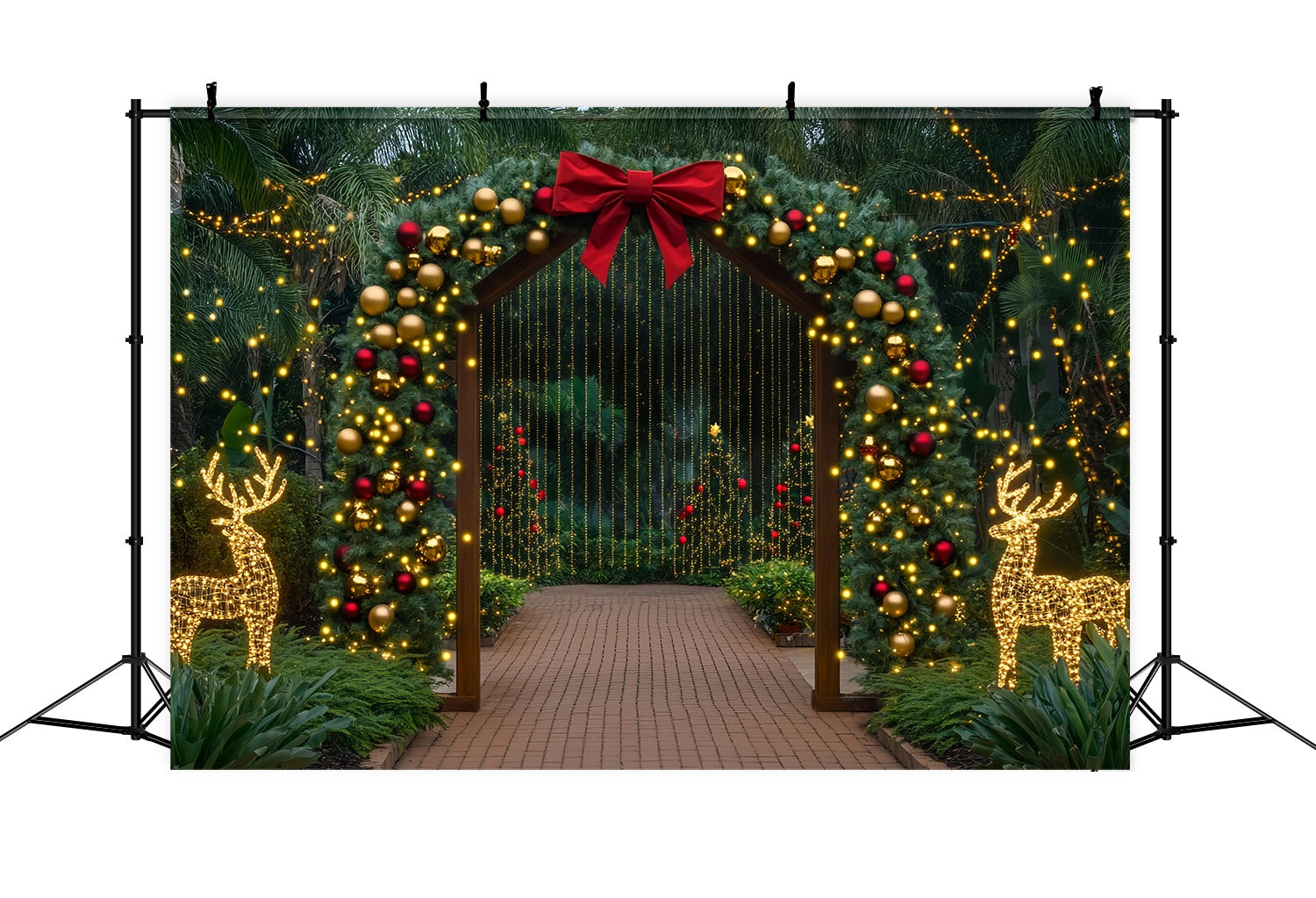 Christmas Tree Farm Backdrop Golden Archway Reindeer Light Display Christmas Backdrop for Photos TWW58-85