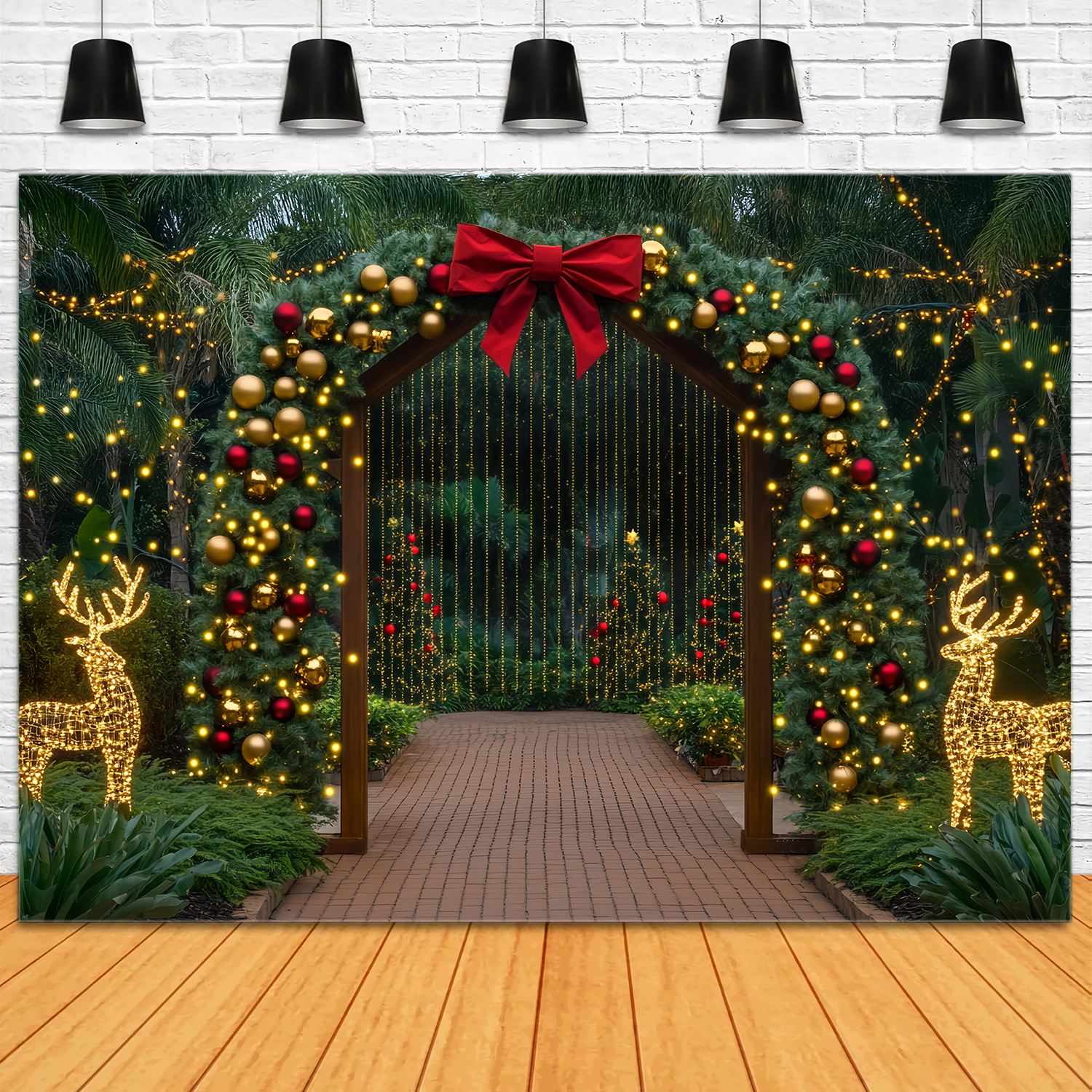 Christmas Tree Farm Backdrop Golden Archway Reindeer Light Display Christmas Backdrop for Photos TWW58-85