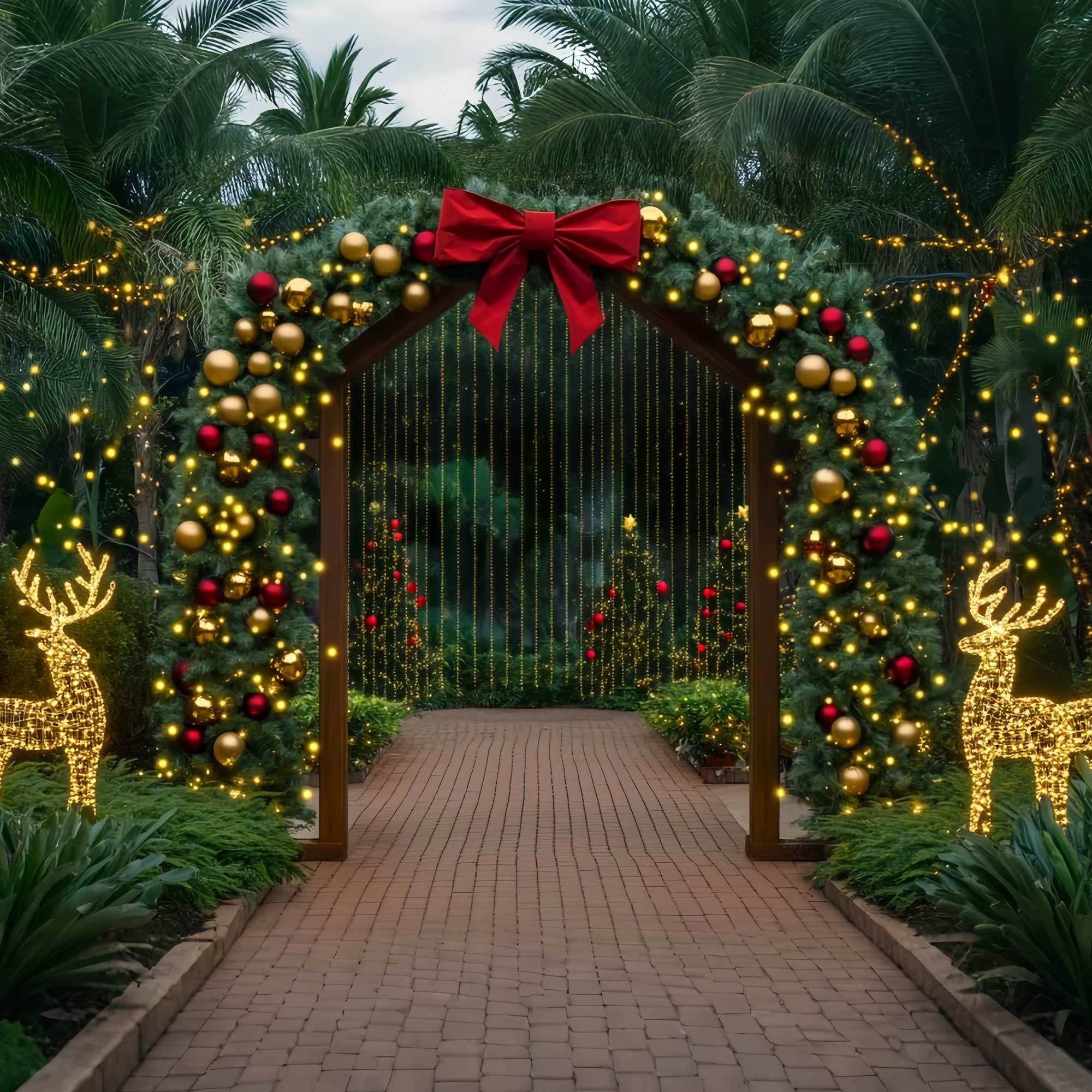 Christmas Tree Farm Backdrop Golden Archway Reindeer Light Display Christmas Backdrop for Photos TWW58-85