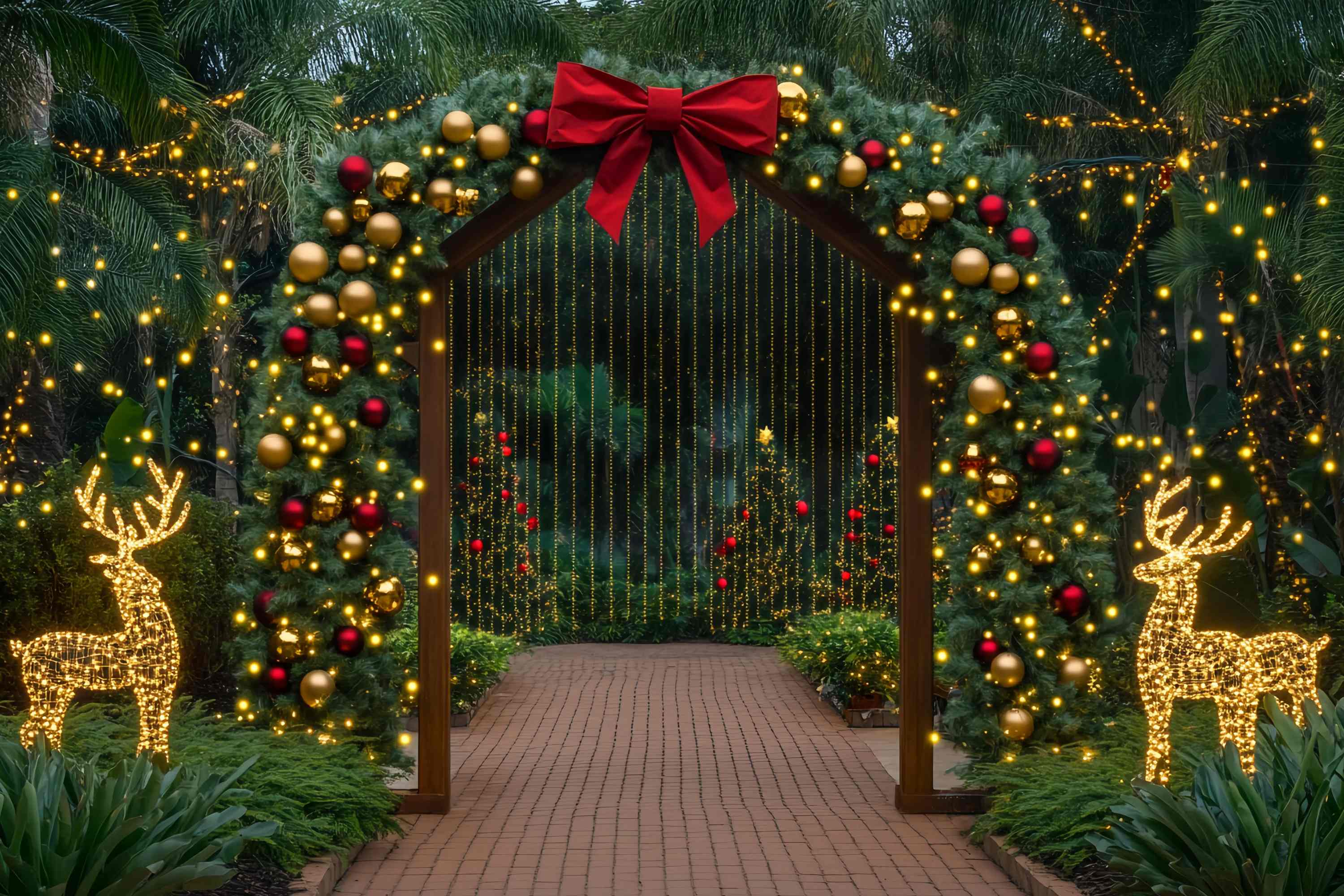 Christmas Tree Farm Backdrop Golden Archway Reindeer Light Display Christmas Backdrop for Photos TWW58-85