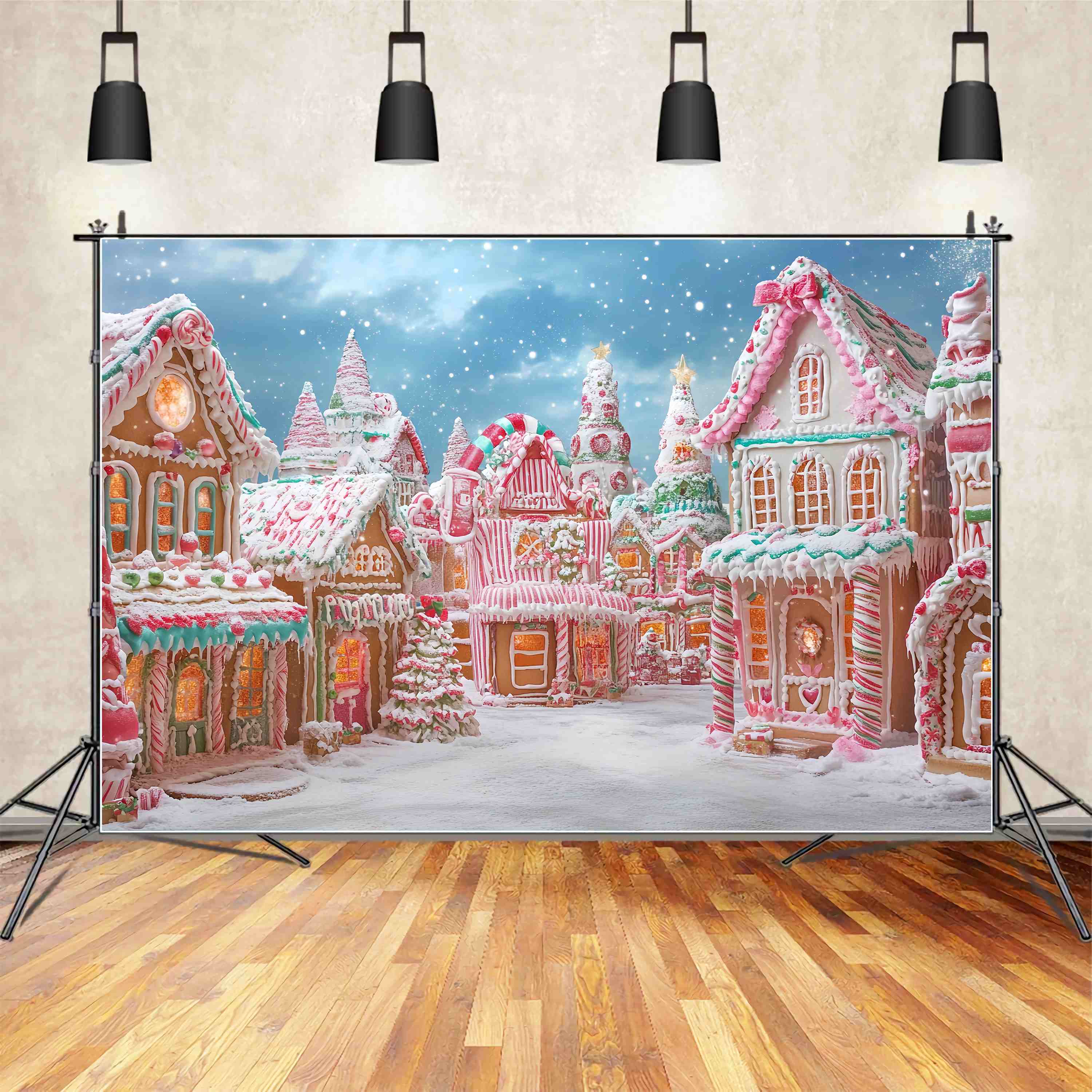 Candyland Christmas Backdrop Candy Cane Gingerbread Village Wonderland Christmas Backdrops for Photos TWW58-87