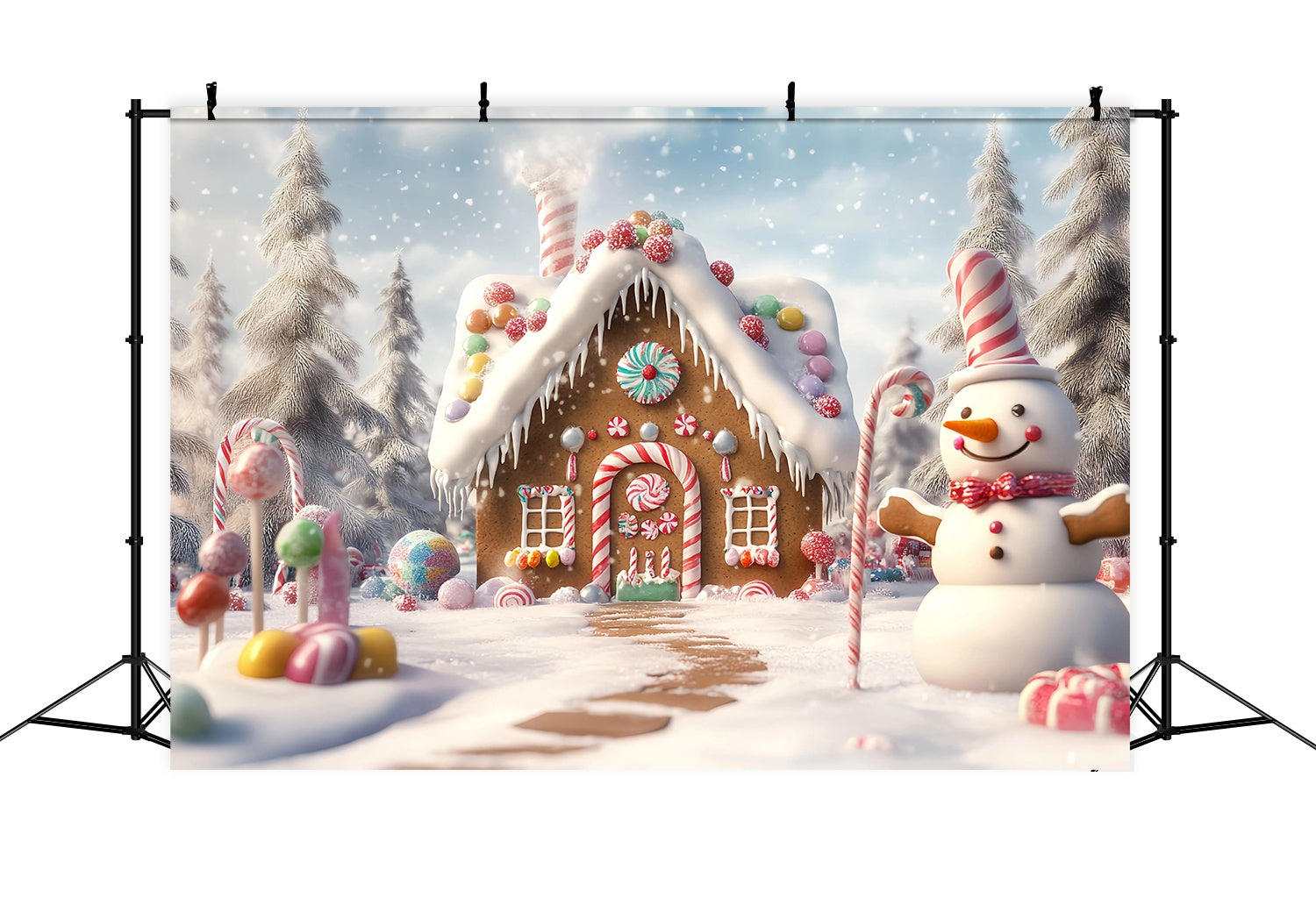 Candyland Christmas Backdrop Gingerbread House Snowman Candy Garden Christmas Backdrops 10x10 TWW58-88