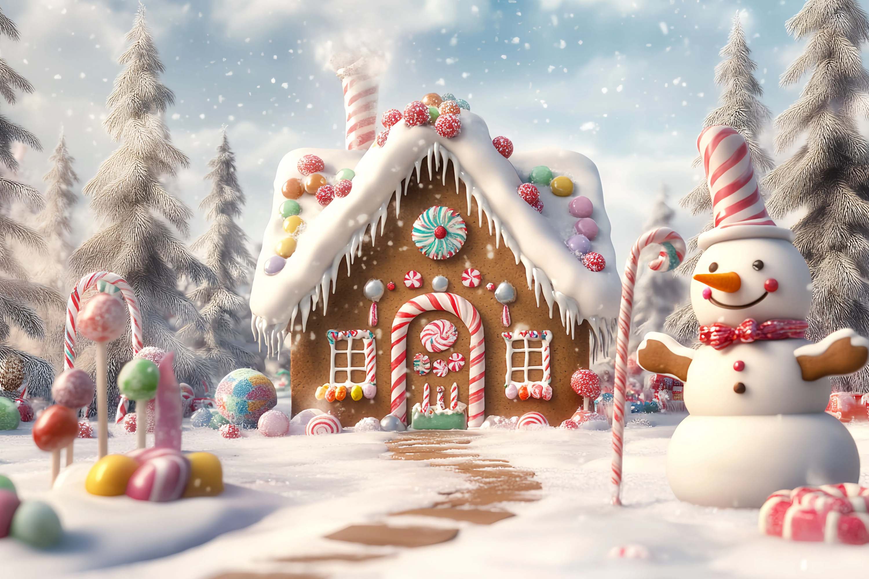 Candyland Christmas Backdrop Gingerbread House Snowman Candy Garden Christmas Backdrops 10x10 TWW58-88