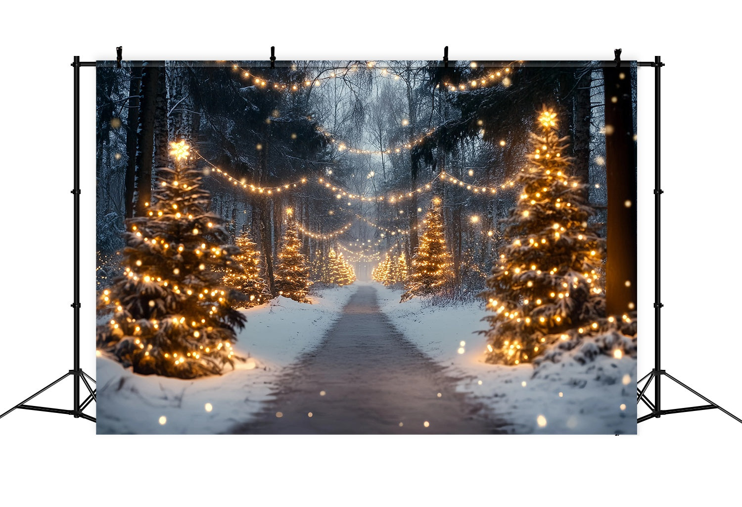 Christmas Tree Farm Backdrop Snowy Forest Pathway Golden Lights Christmas Photo Backdrops TWW58-89