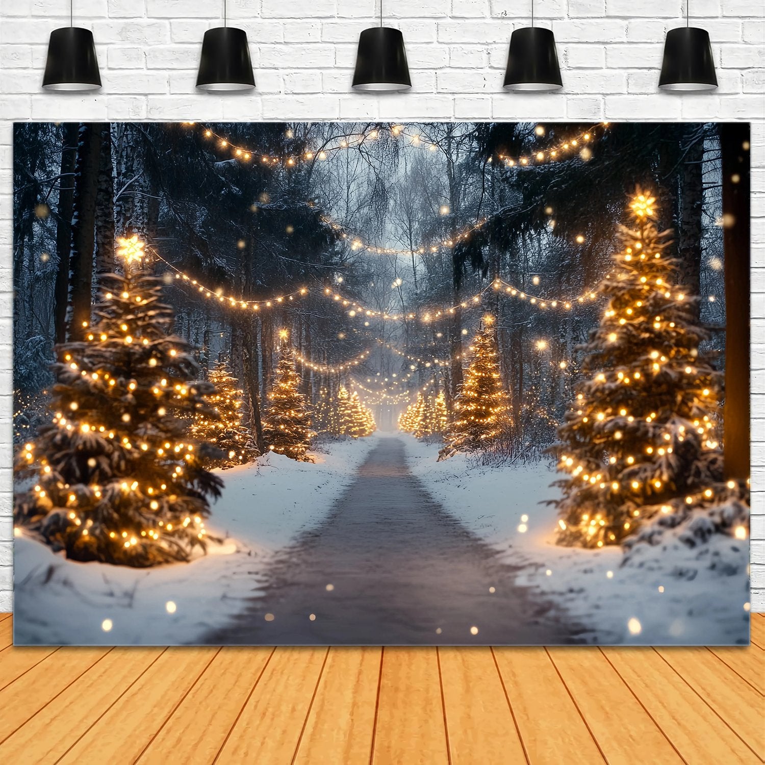 Christmas Tree Farm Backdrop Snowy Forest Pathway Golden Lights Christmas Photo Backdrops TWW58-89