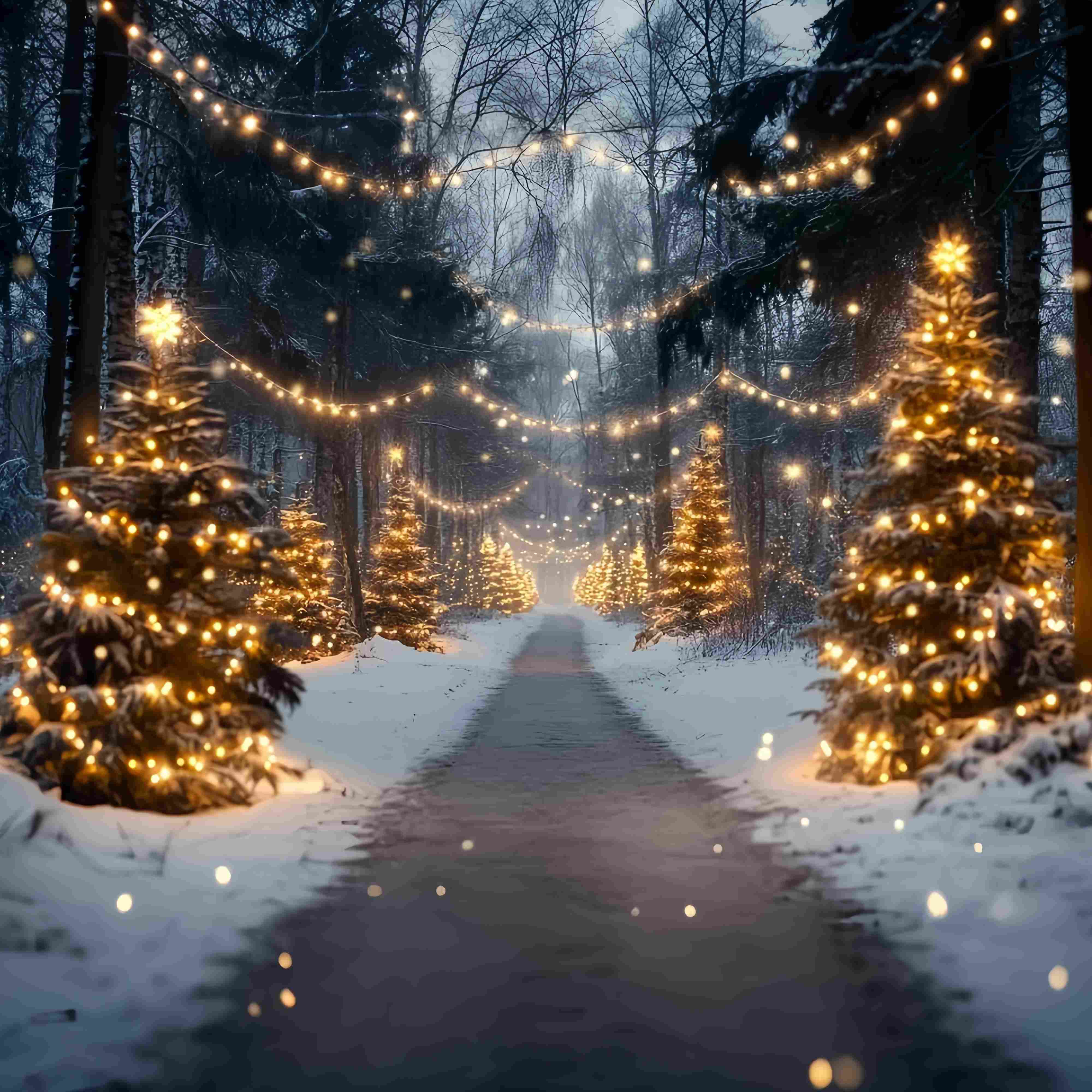 Christmas Tree Farm Backdrop Snowy Forest Pathway Golden Lights Christmas Photo Backdrops TWW58-89