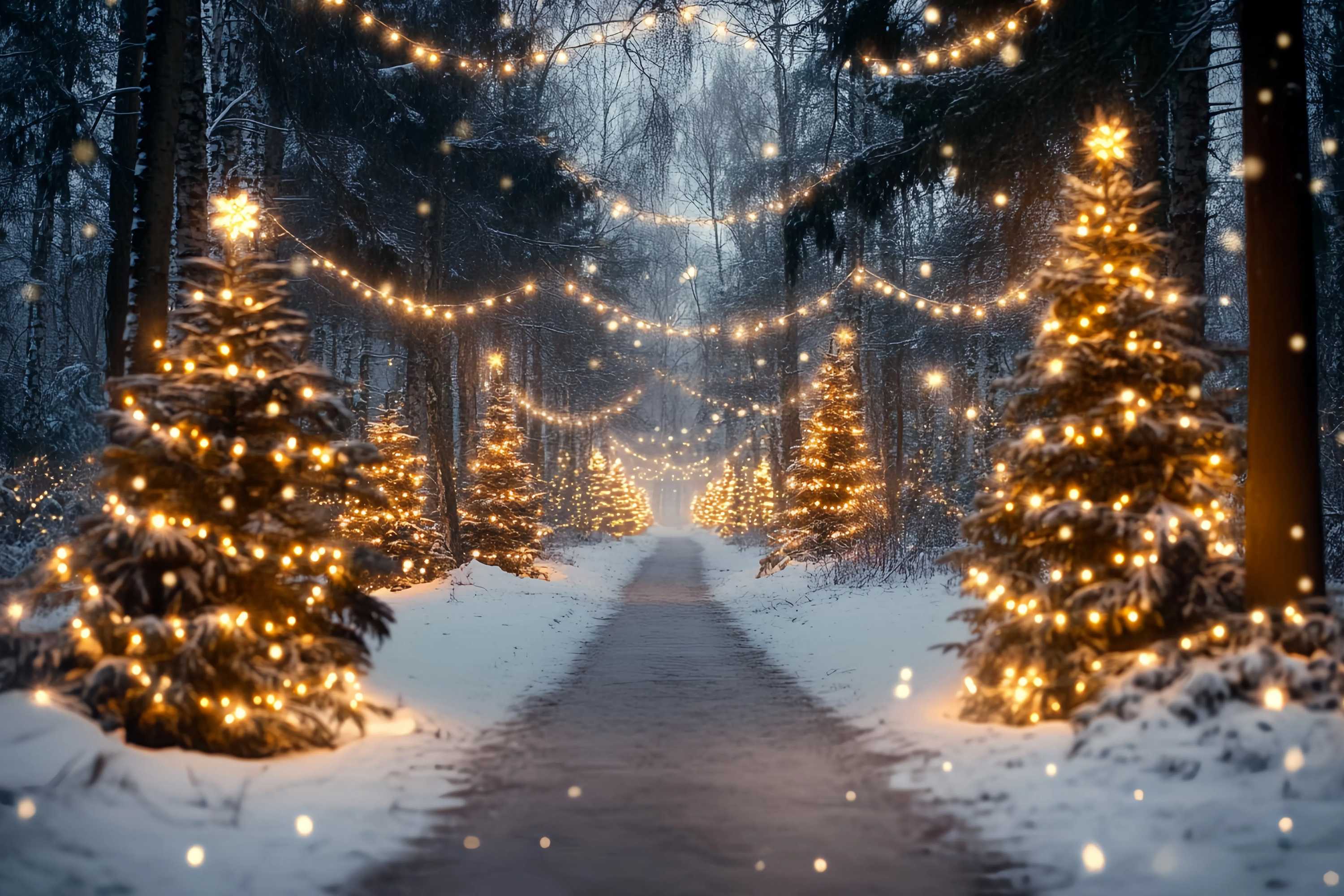 Christmas Tree Farm Backdrop Snowy Forest Pathway Golden Lights Christmas Photo Backdrops TWW58-89