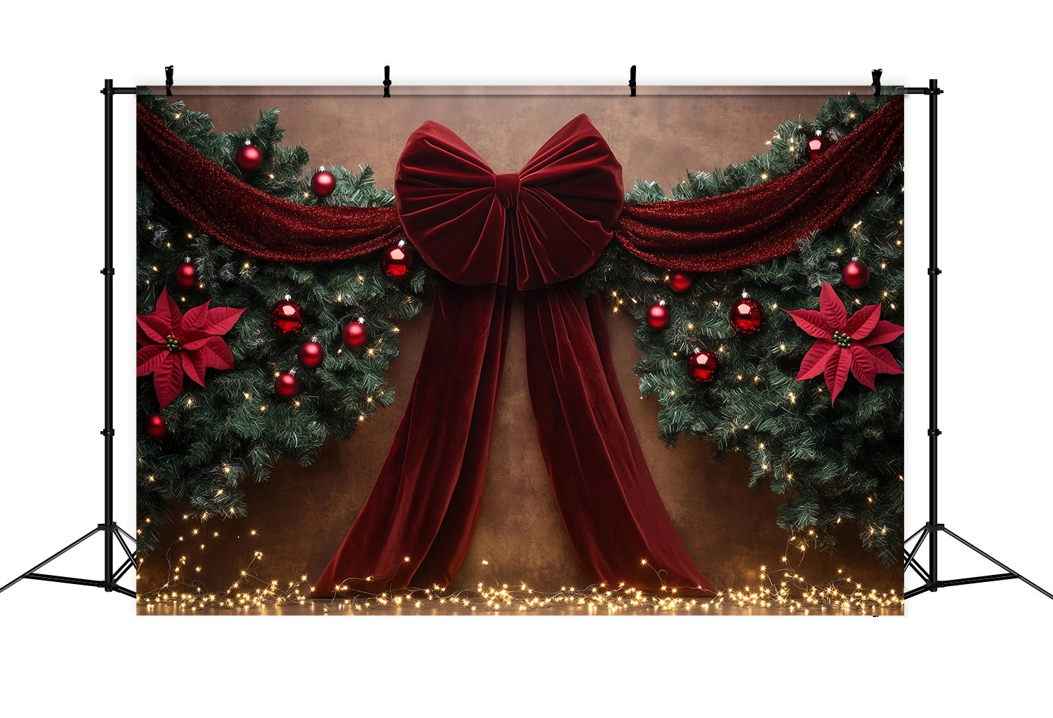 Red Christmas Backdrop Velvet Bow Garland Poinsettia Decor Christmas Backdrops for Photos TWW58-90