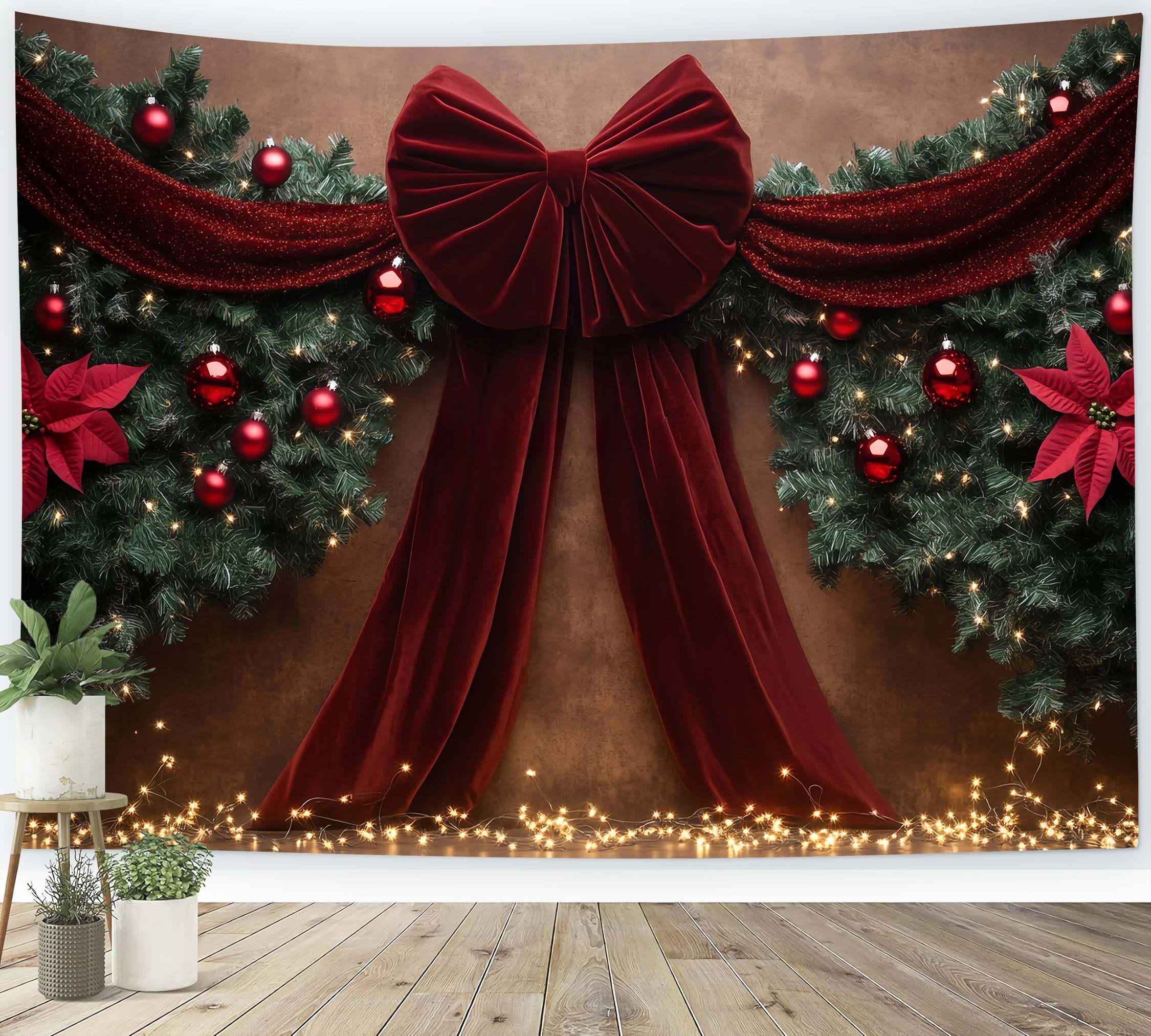 Red Christmas Backdrop Velvet Bow Garland Poinsettia Decor Christmas Backdrops for Photos TWW58-90