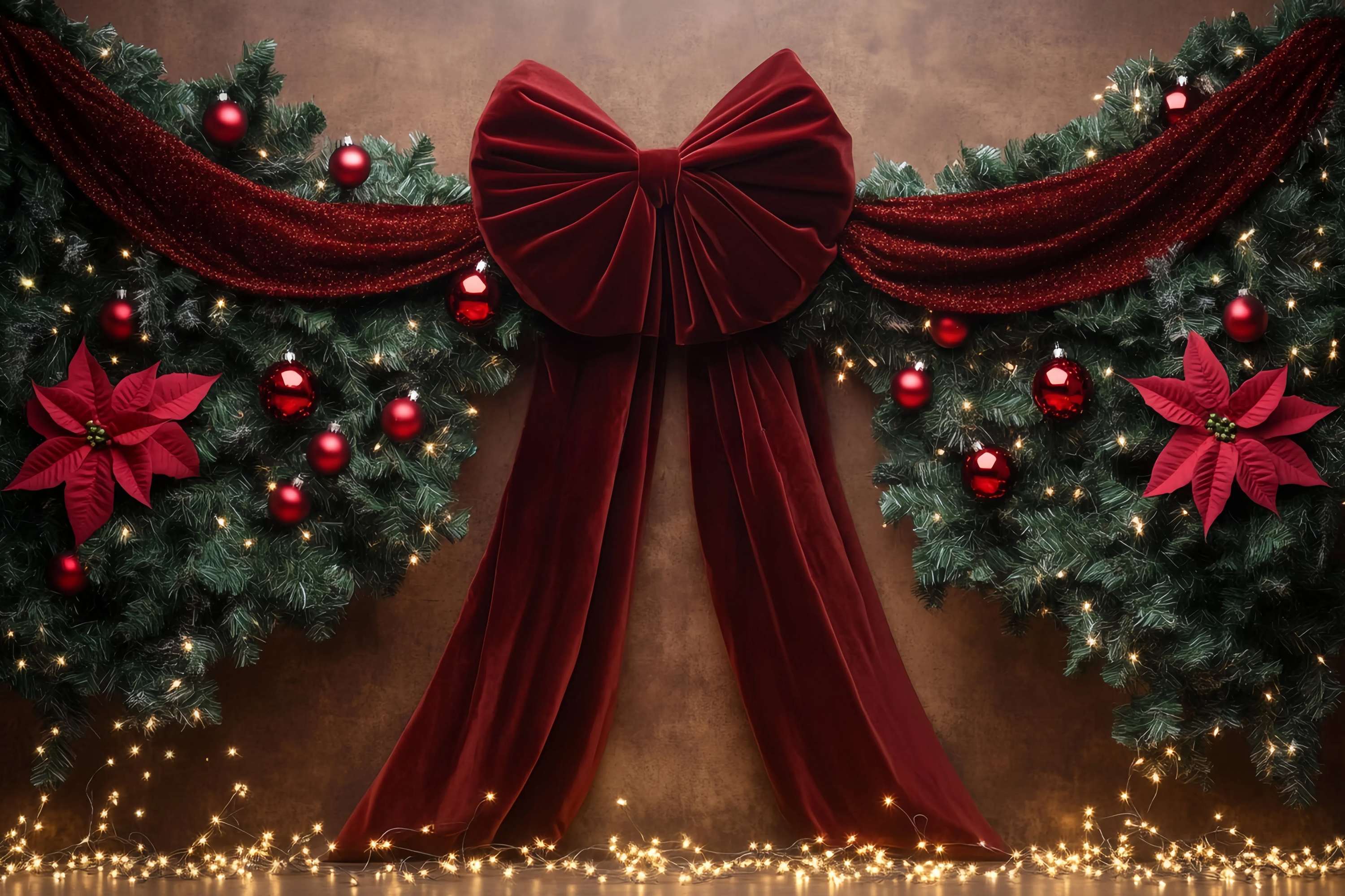 Red Christmas Backdrop Velvet Bow Garland Poinsettia Decor Christmas Backdrops for Photos TWW58-90